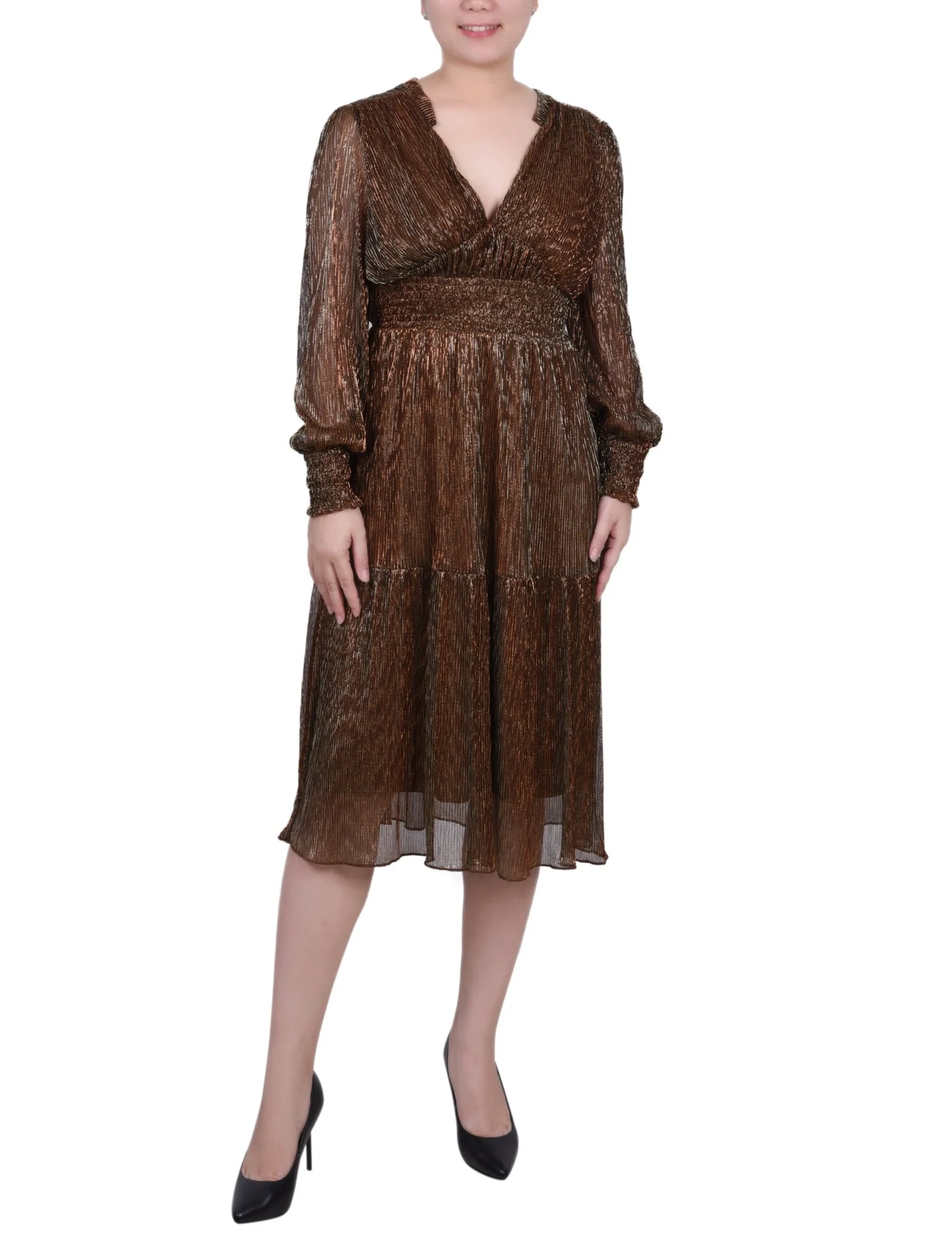 Bronze Long Sleeve Plisse Mesh Dress
