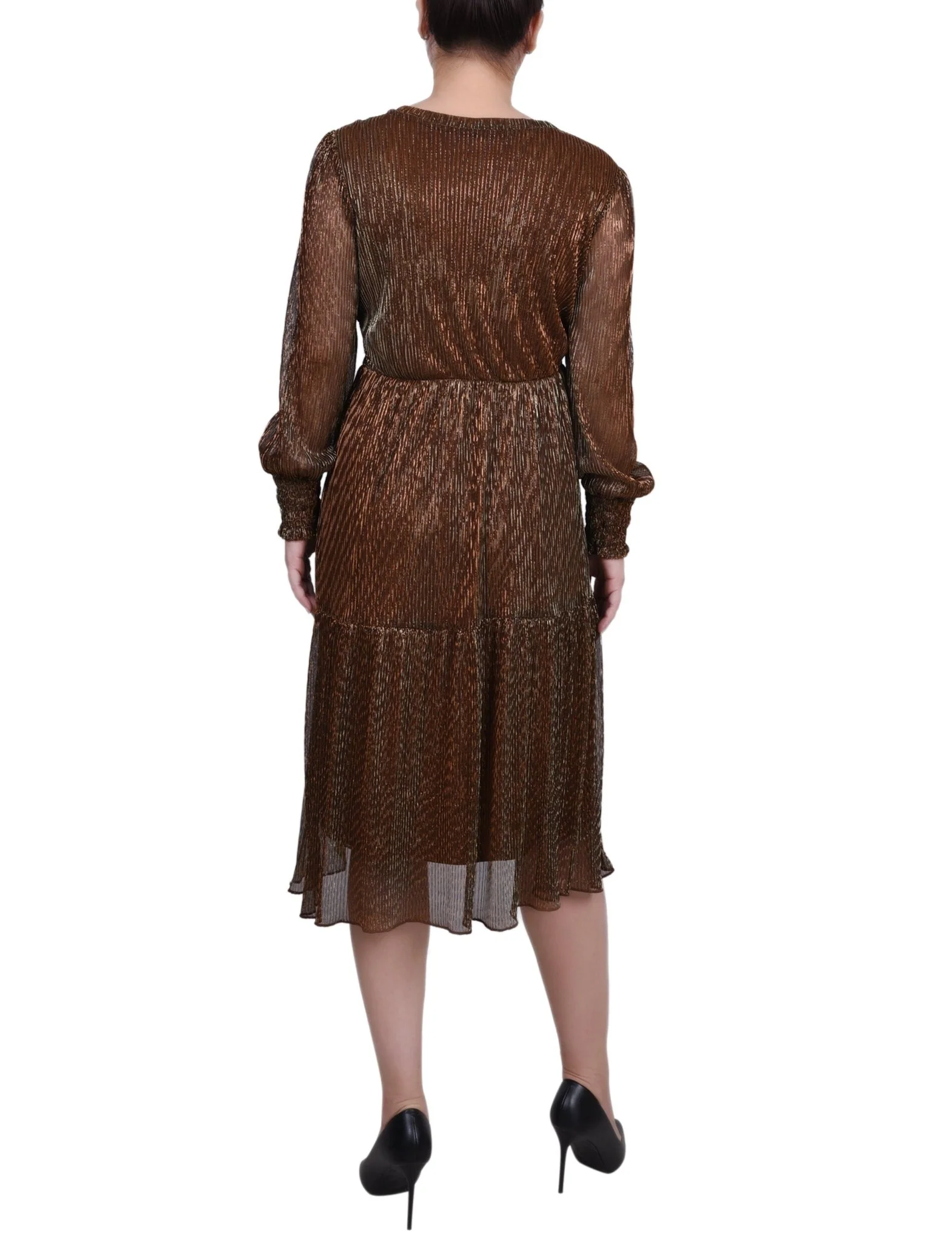 Bronze Long Sleeve Plisse Mesh Dress - Image 3