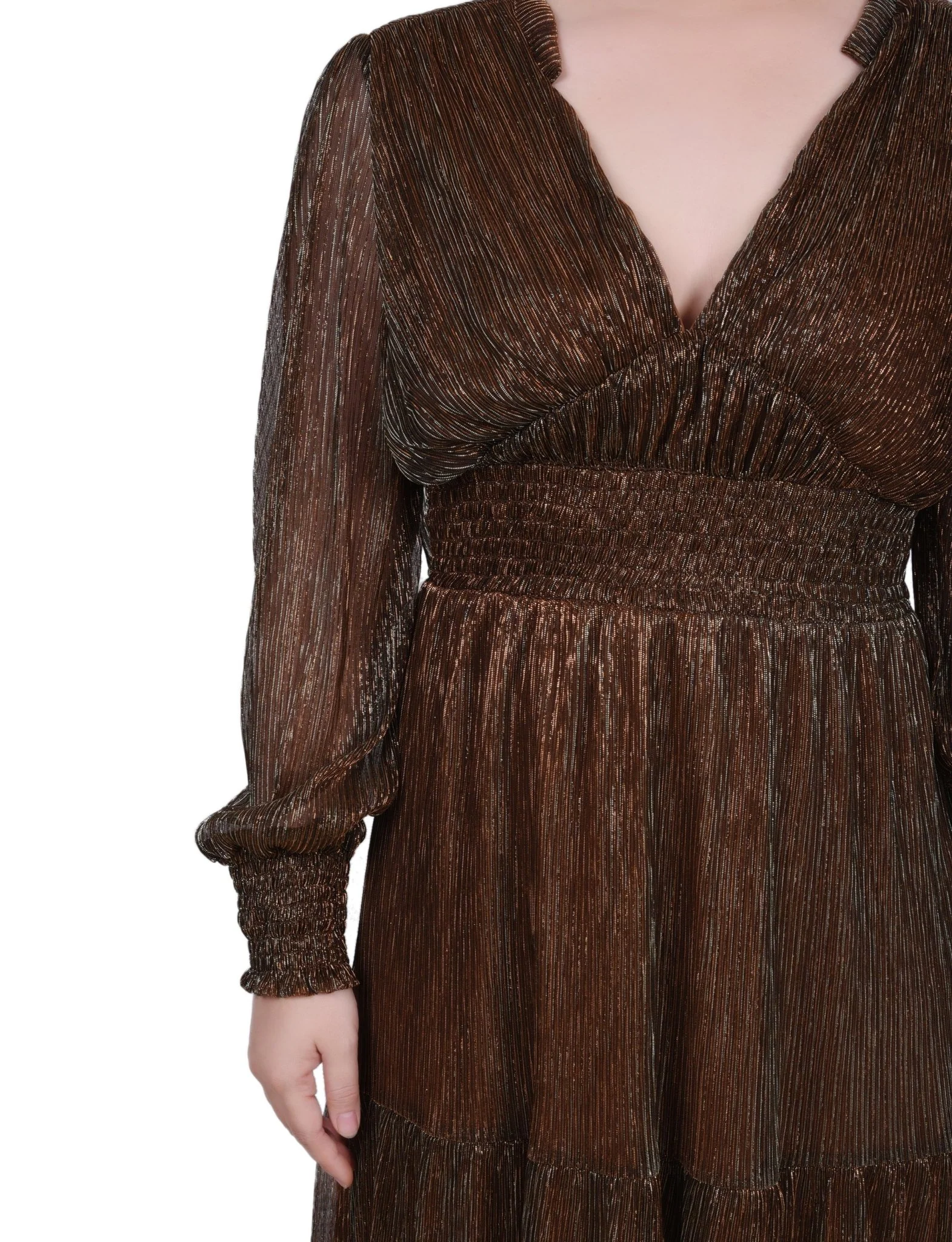 Bronze Long Sleeve Plisse Mesh Dress - Image 4