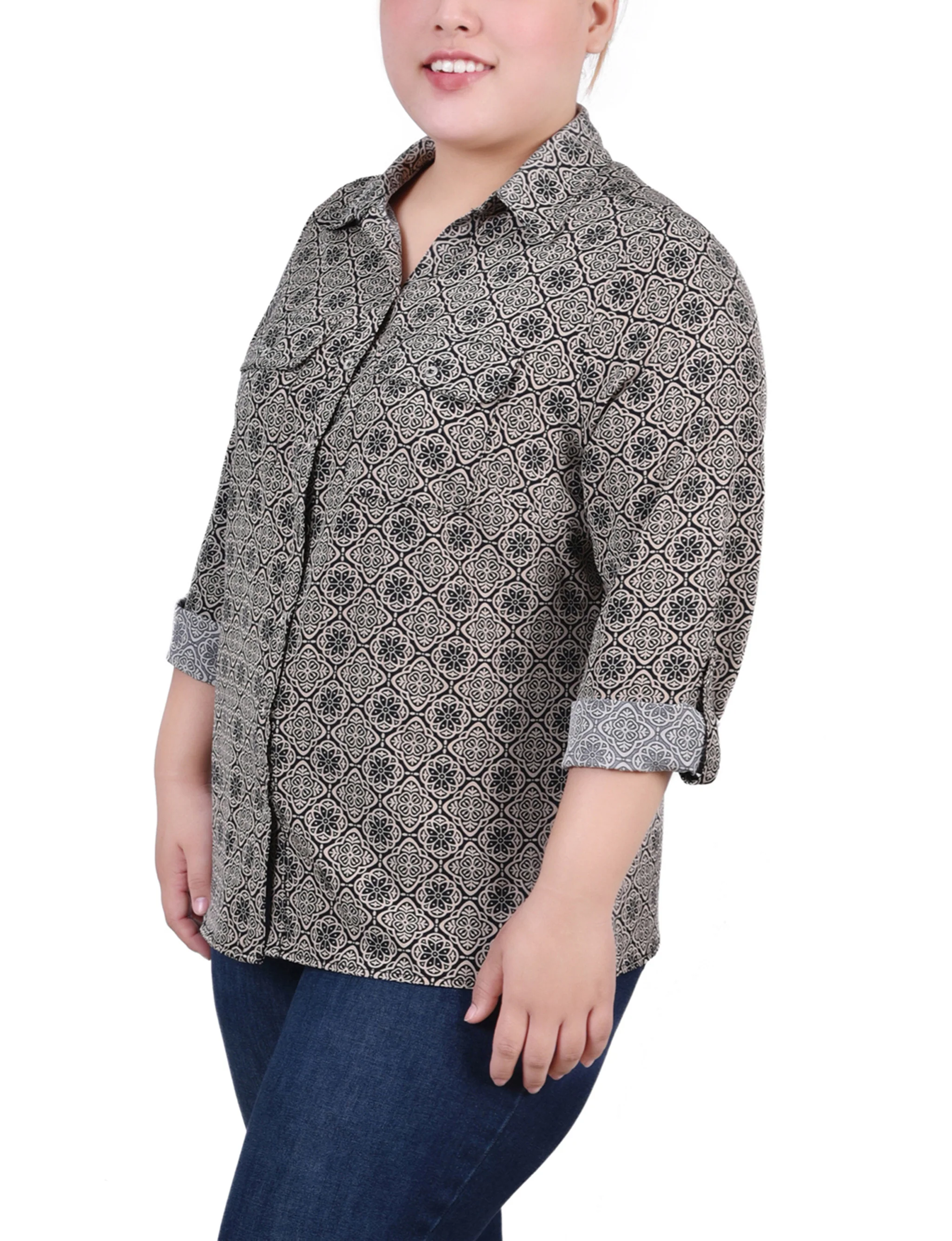 Brown 3/4 Roll Tab Blouse With Pockets - Plus Size - Image 2
