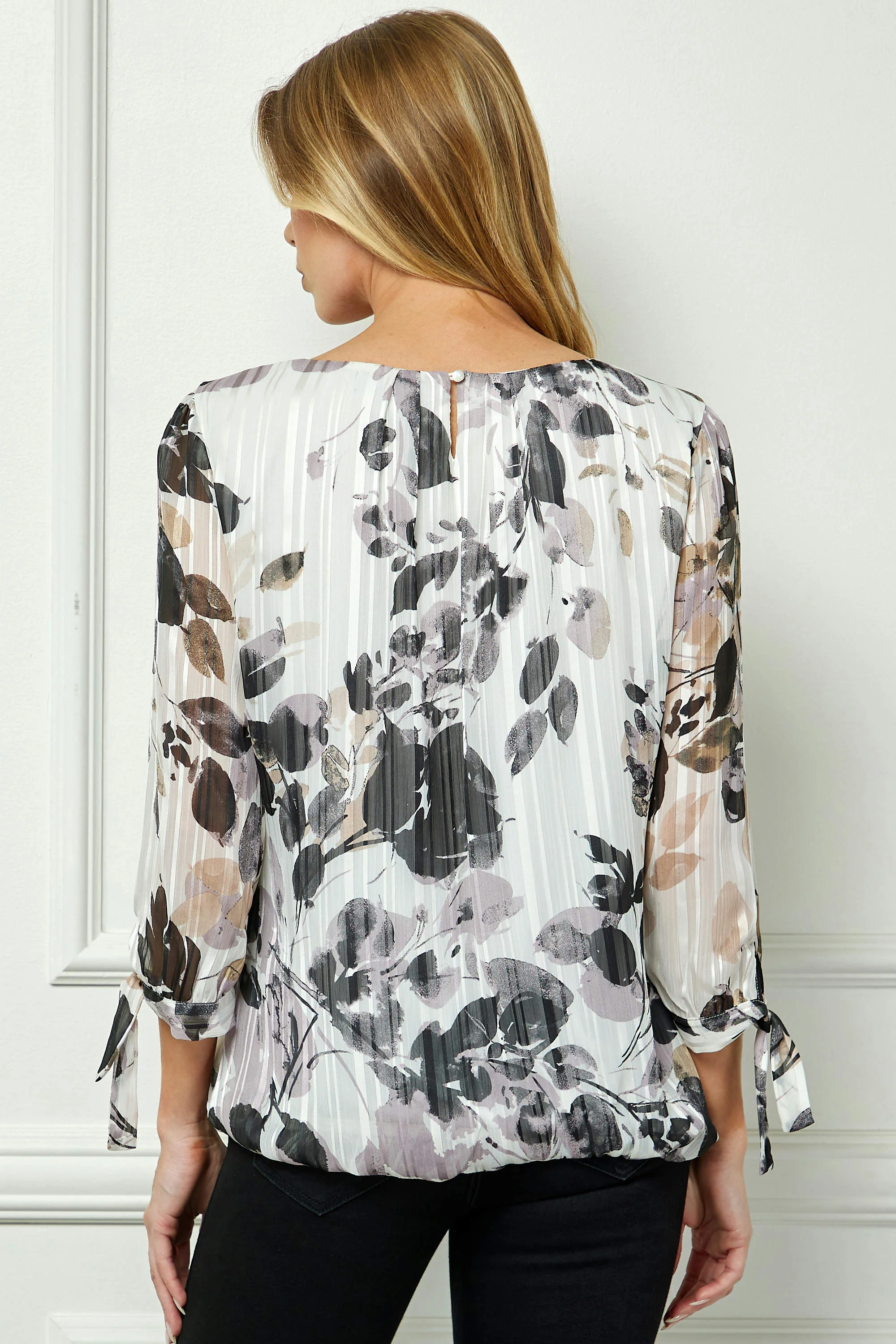 Bubble Hem 3/4 Tie Sleeve Blouse - Ivory - Image 4