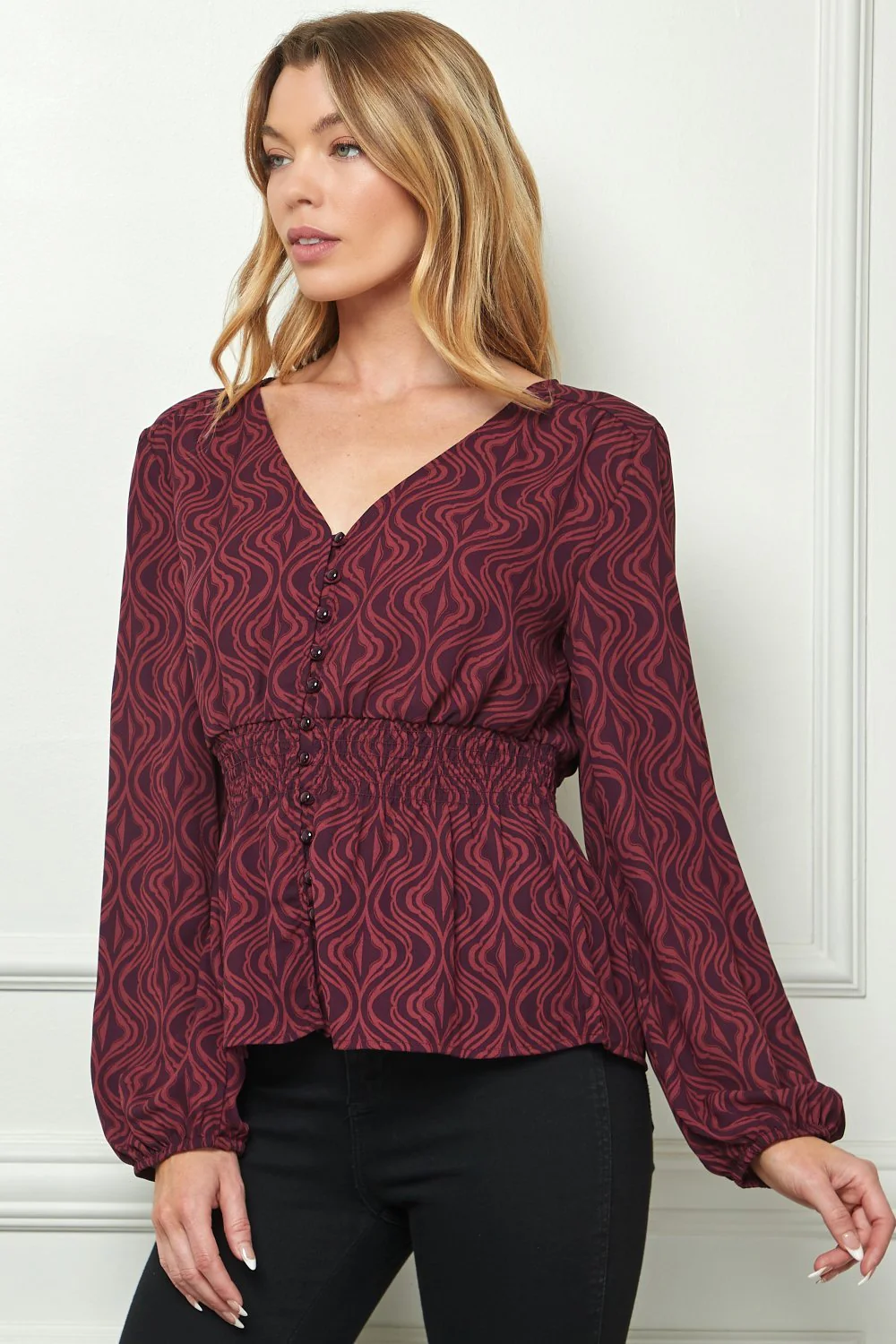 Burgundy Long Sleeve Smock Waist Blouse - Image 3