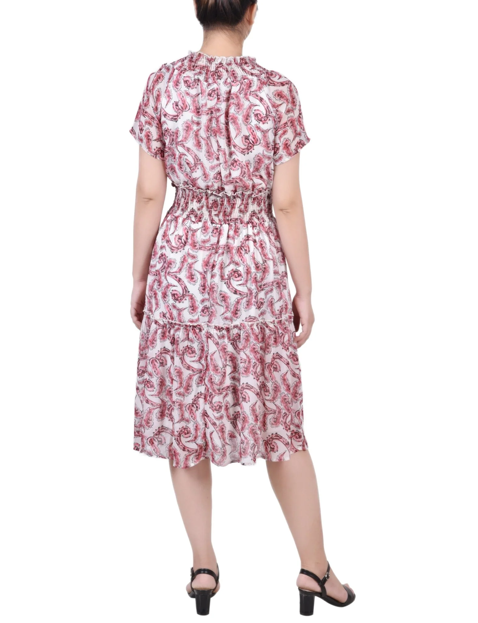 Burgundy Paisley Floral Short Sleeve Smocked Waist Dress - Image 3