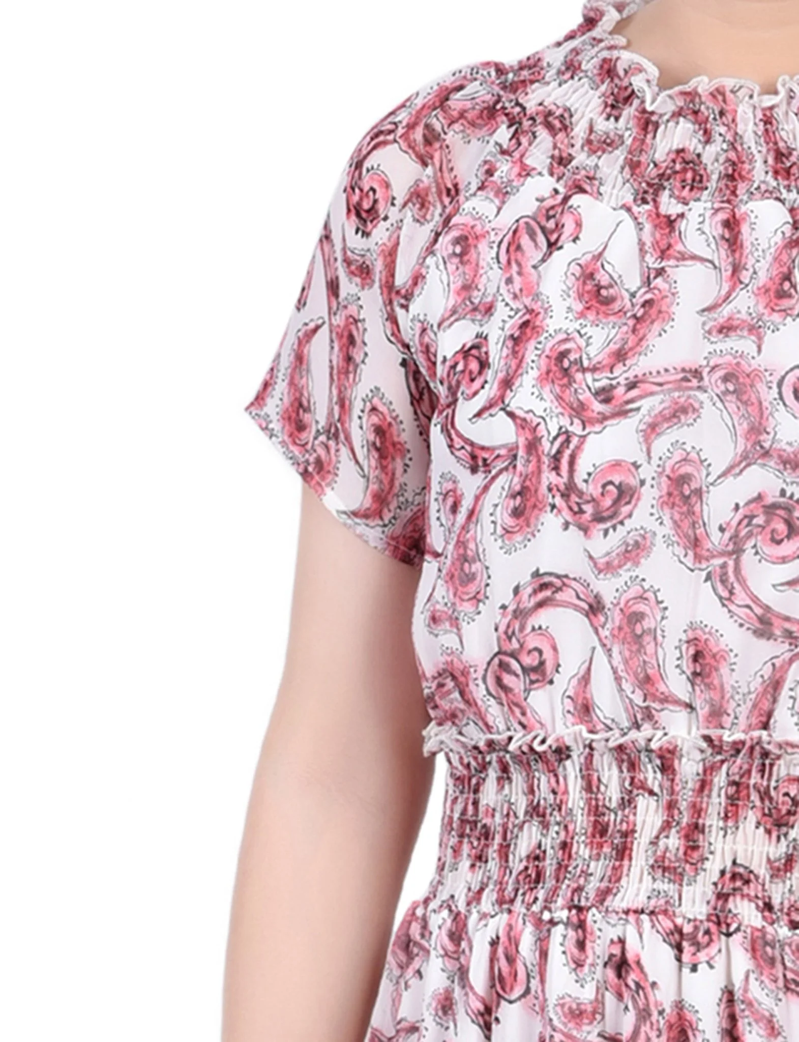 Burgundy Paisley Floral Short Sleeve Smocked Waist Dress - Image 4