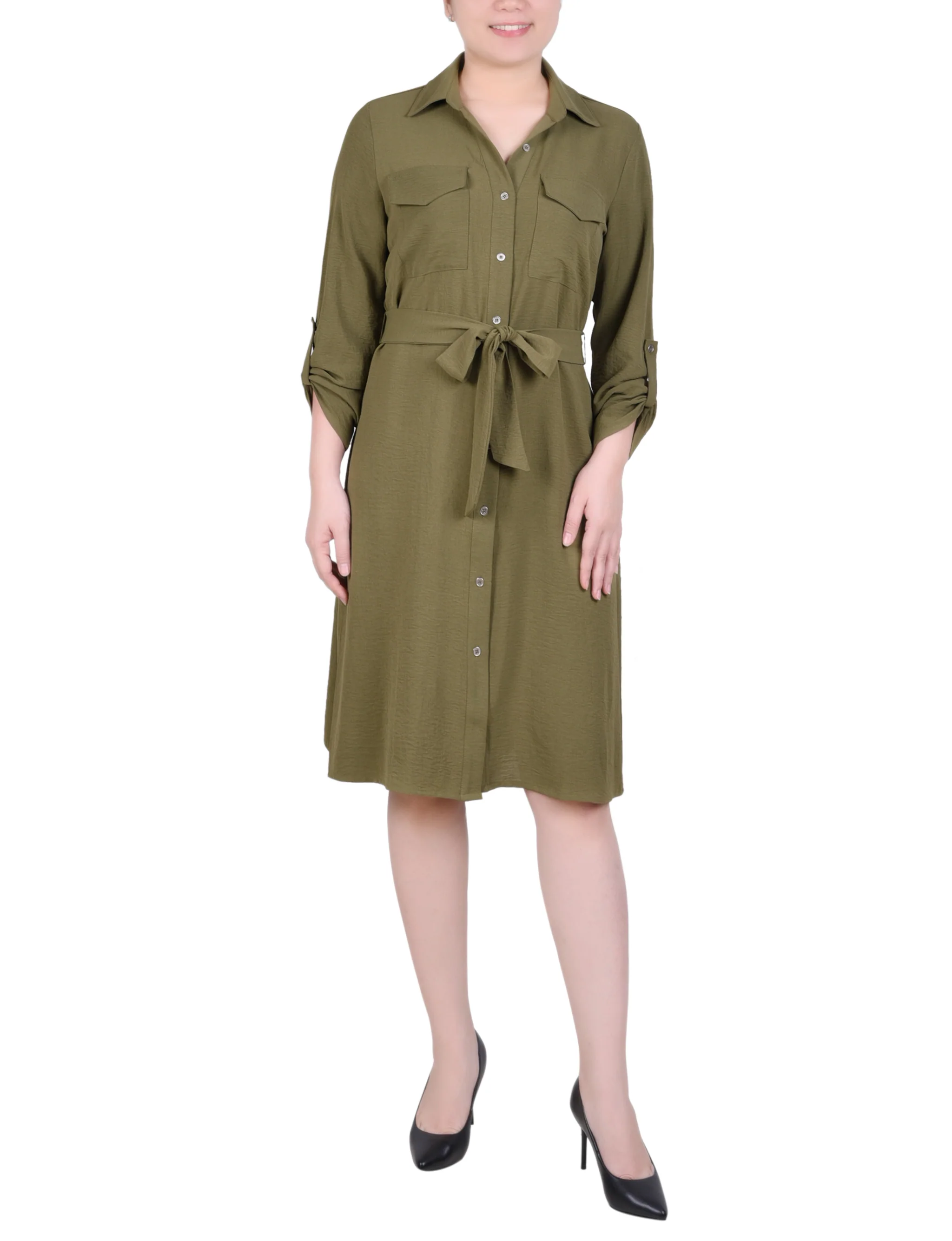 Burnt Olive Long Roll Tab Sleeve Shirtdress