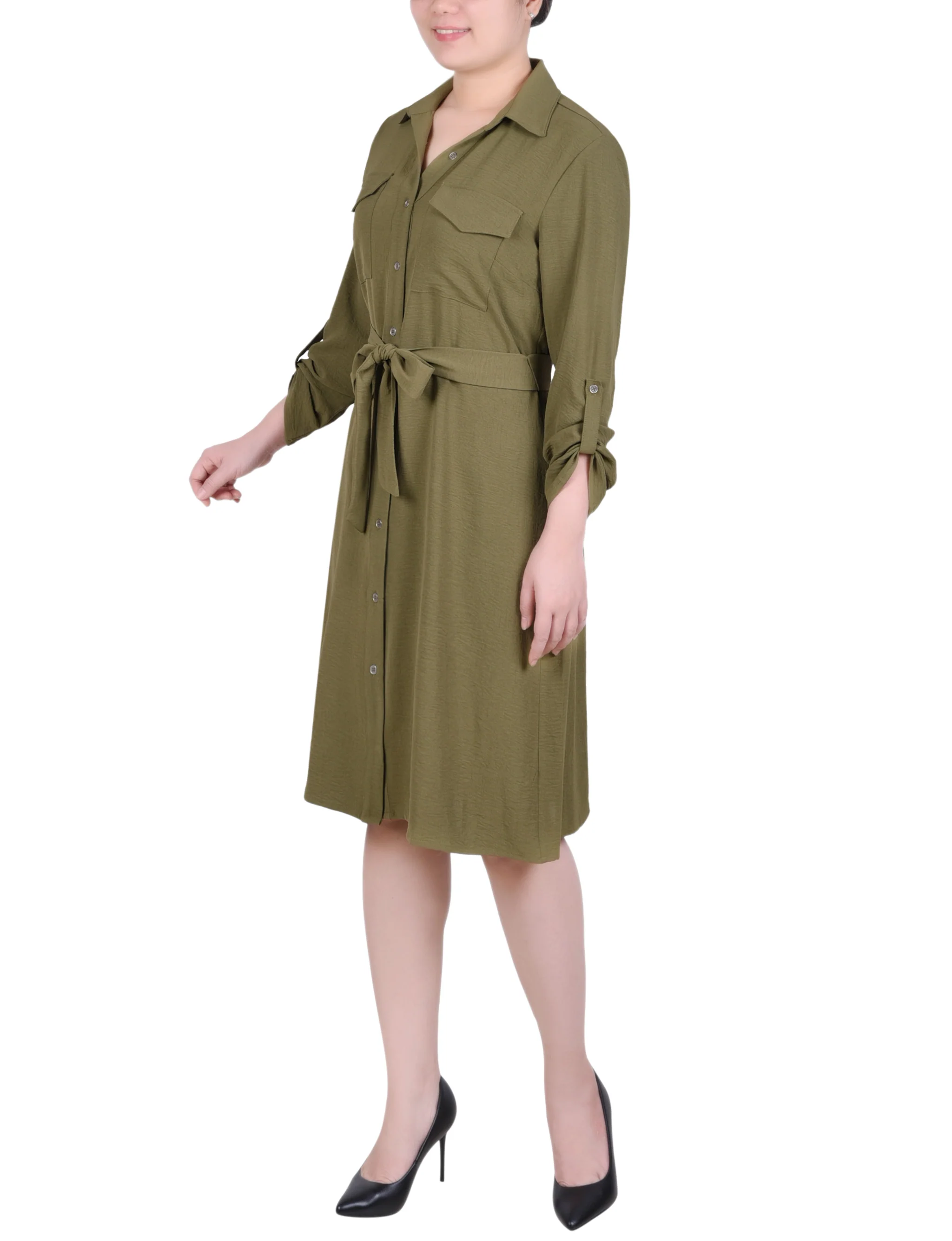 Burnt Olive Long Roll Tab Sleeve Shirtdress - Image 2