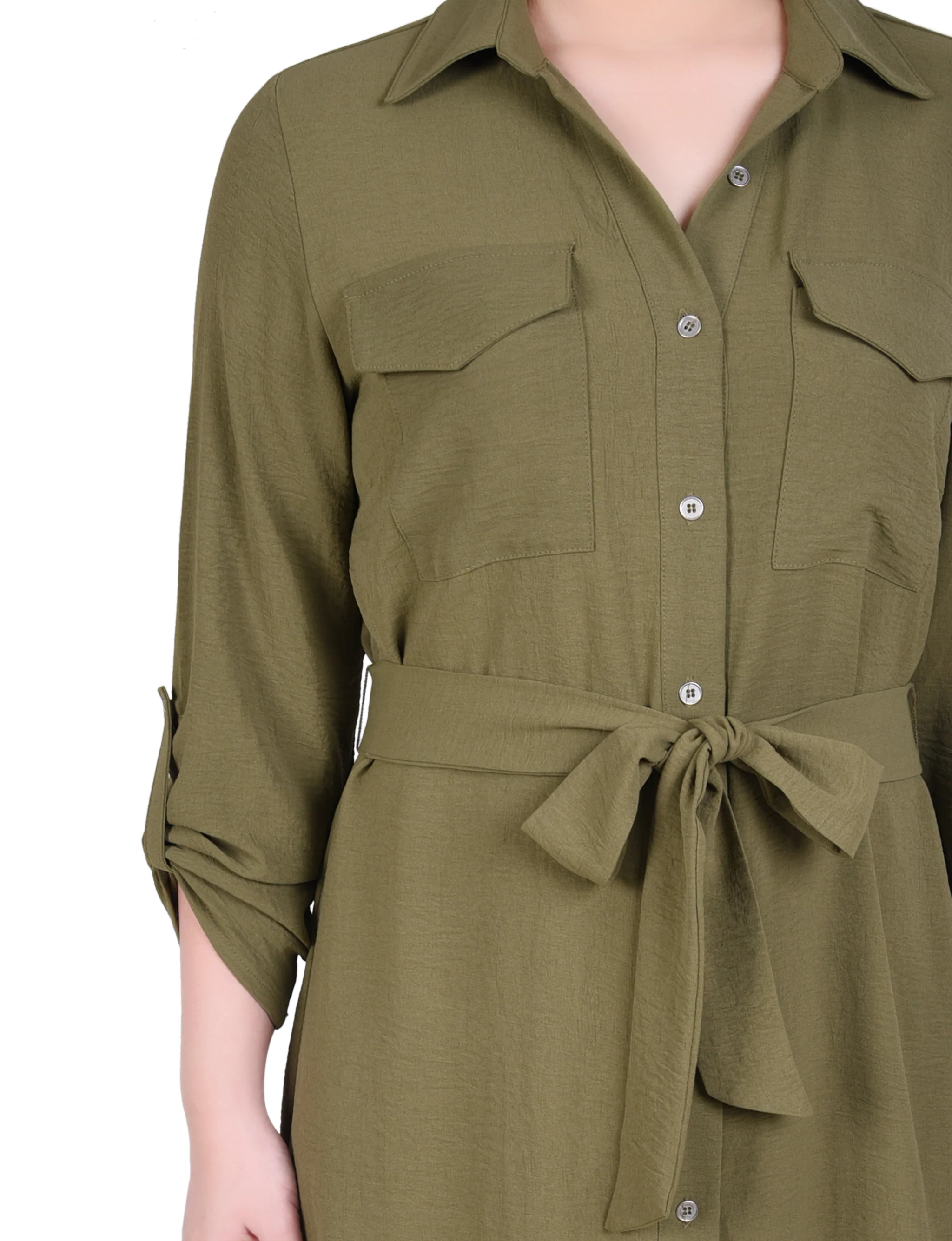 Burnt Olive Long Roll Tab Sleeve Shirtdress - Image 4