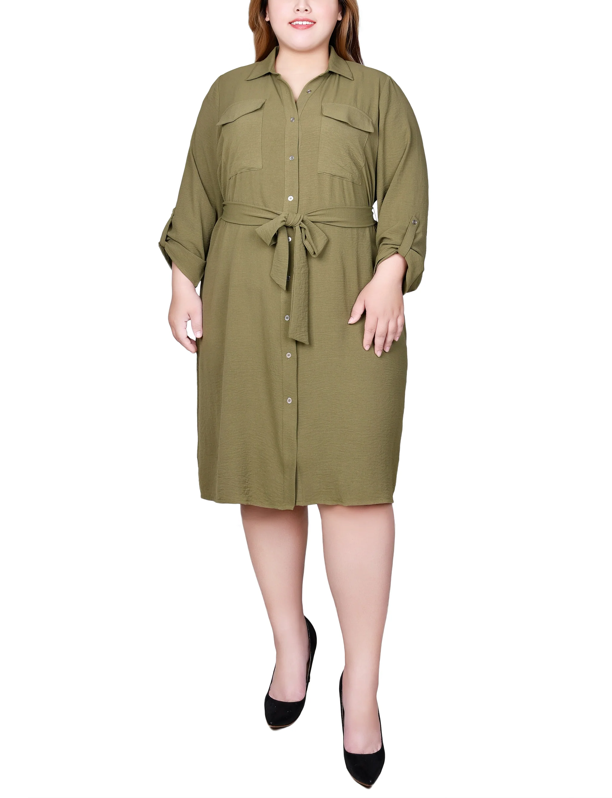Burnt Olive Long Roll Tab Sleeve Shirtdress - Plus