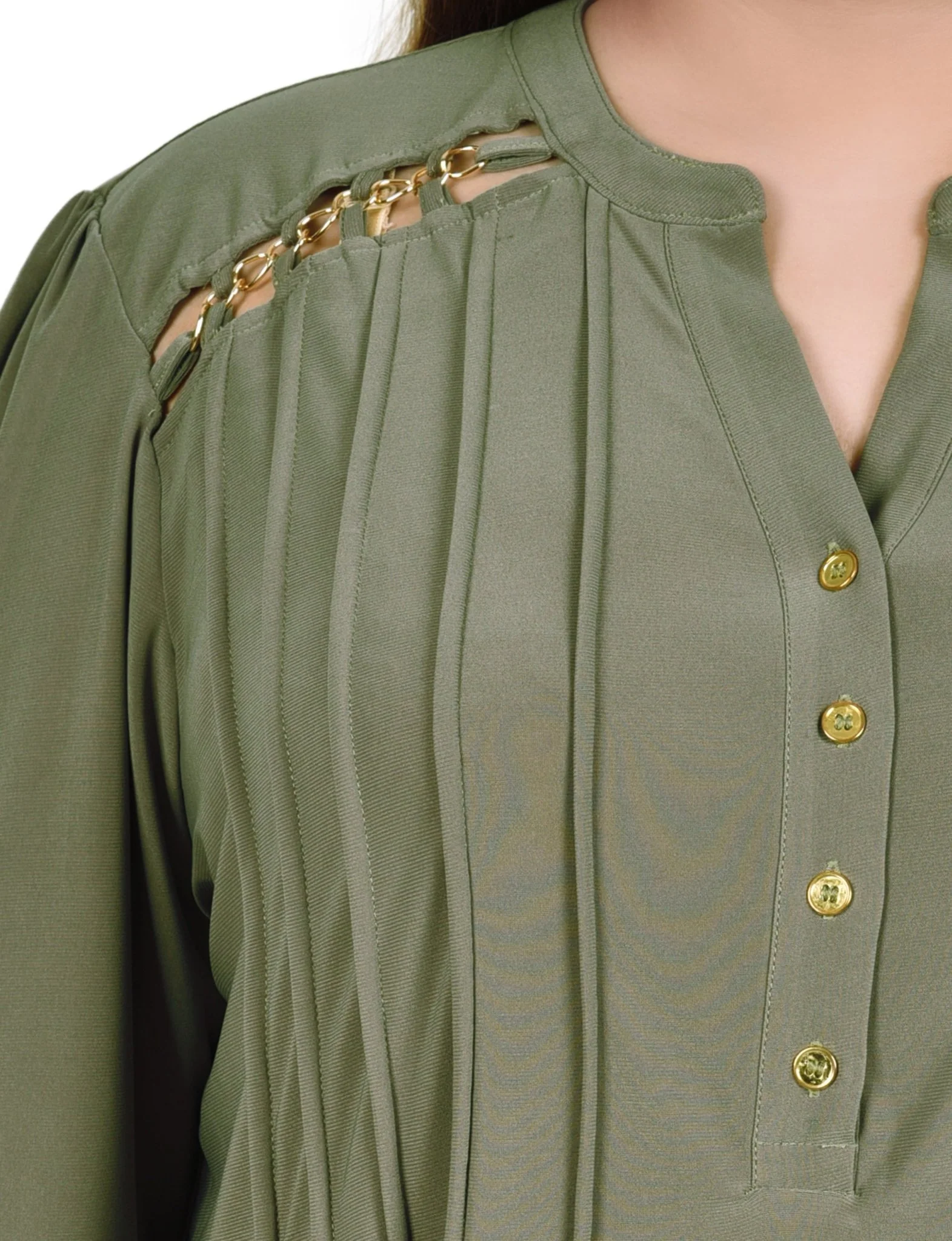 Burnt Olive Pintuck Front Top With Chain Details - Plus - Image 3