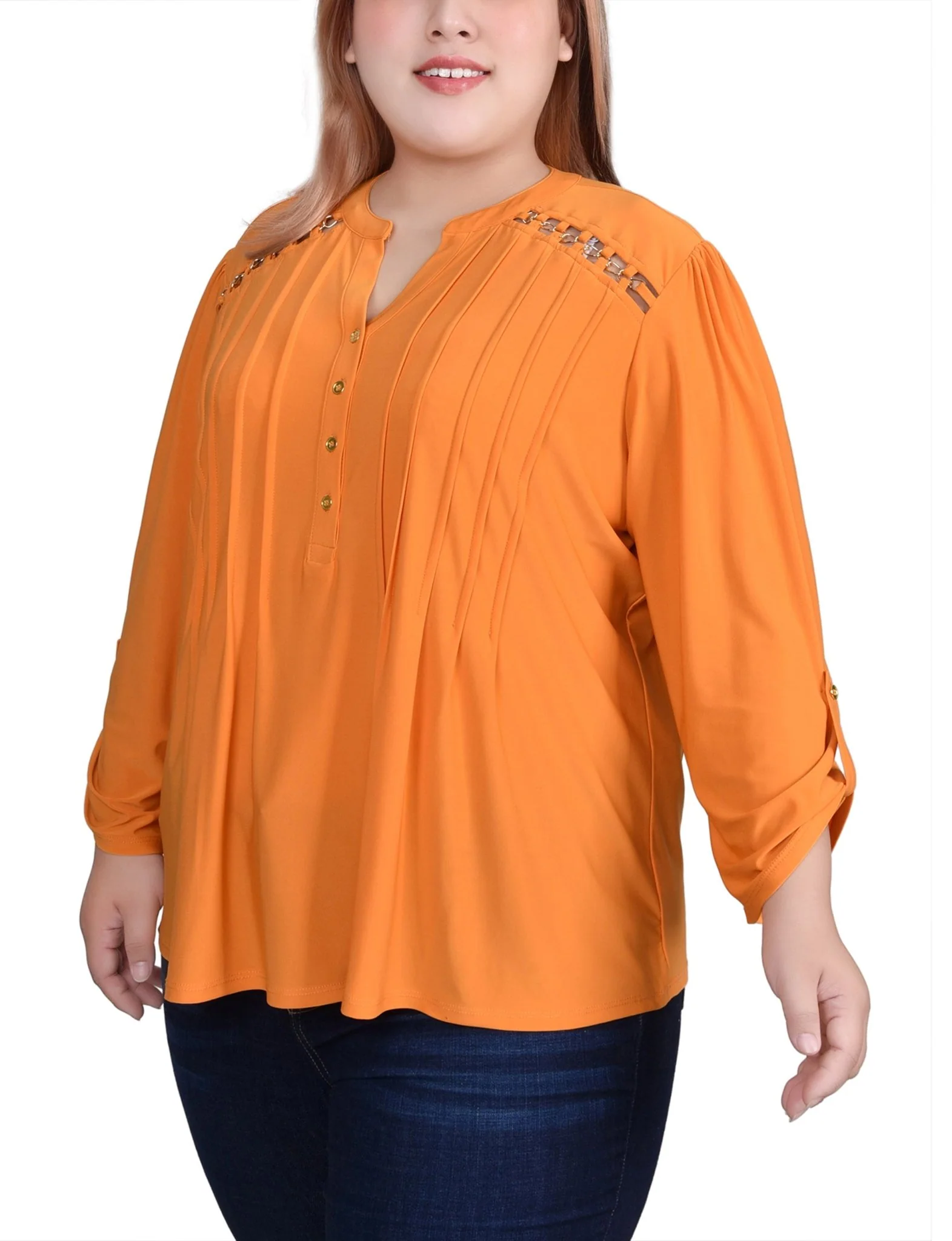 Butter Scotch Pintuck Front Top With Chain Details - Plus - Image 2