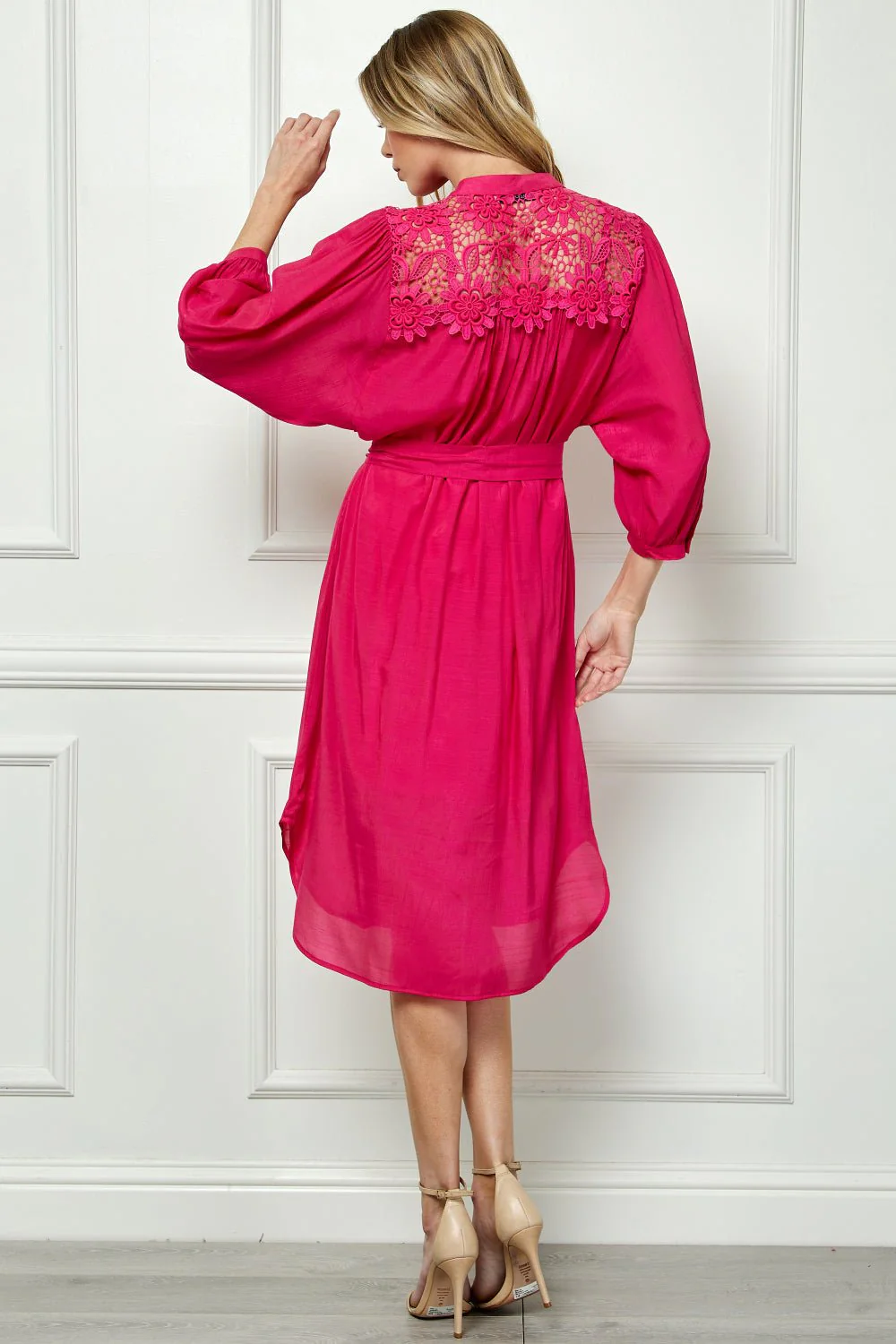 Button Front Yoke Neck Dress With Lace Shoulders - Image 6
