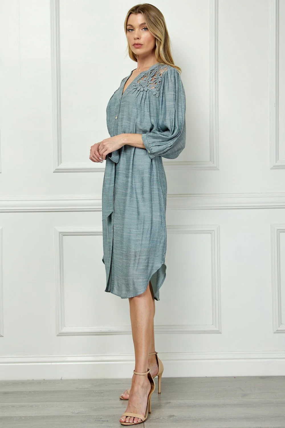 Button Front Yoke Neck Dress With Lace Shoulders - Image 8