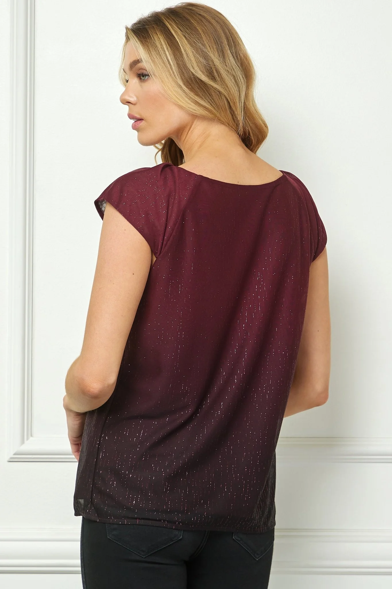Cap Sleeve Pleat Scoop Neck Blouse, Burgundy - Image 3