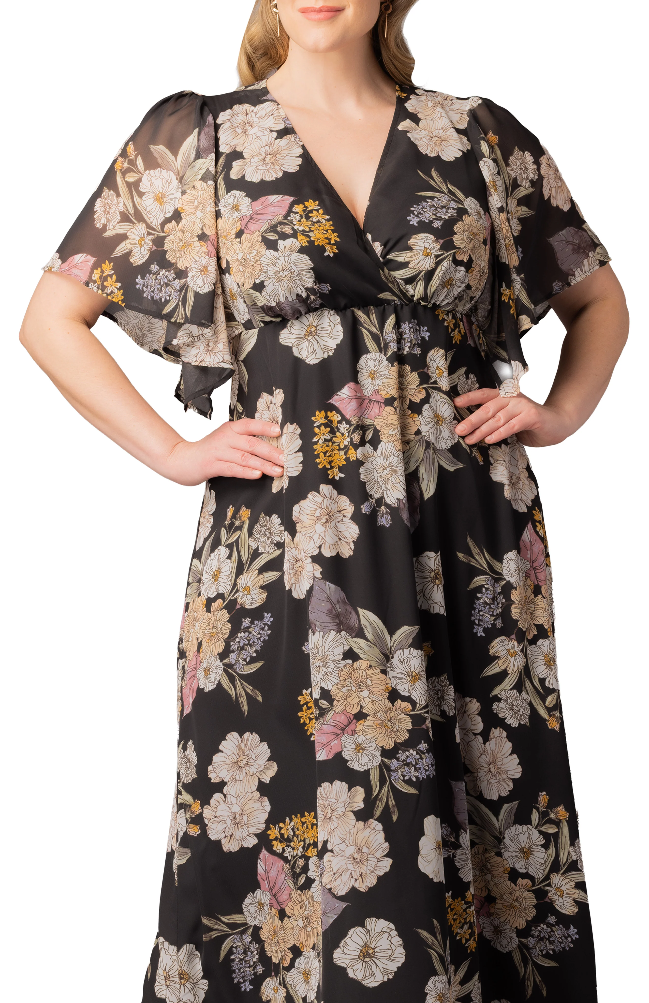 Carmella Flutter Sleeve Gown  -Midnight Peony Print -  Plus - Image 3