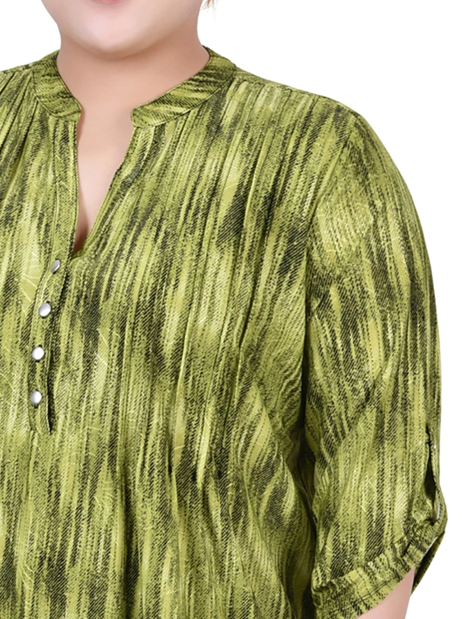 Chartreuse 3/4 Sleeve Roll Tab Y Neck Top - Plus - Image 3