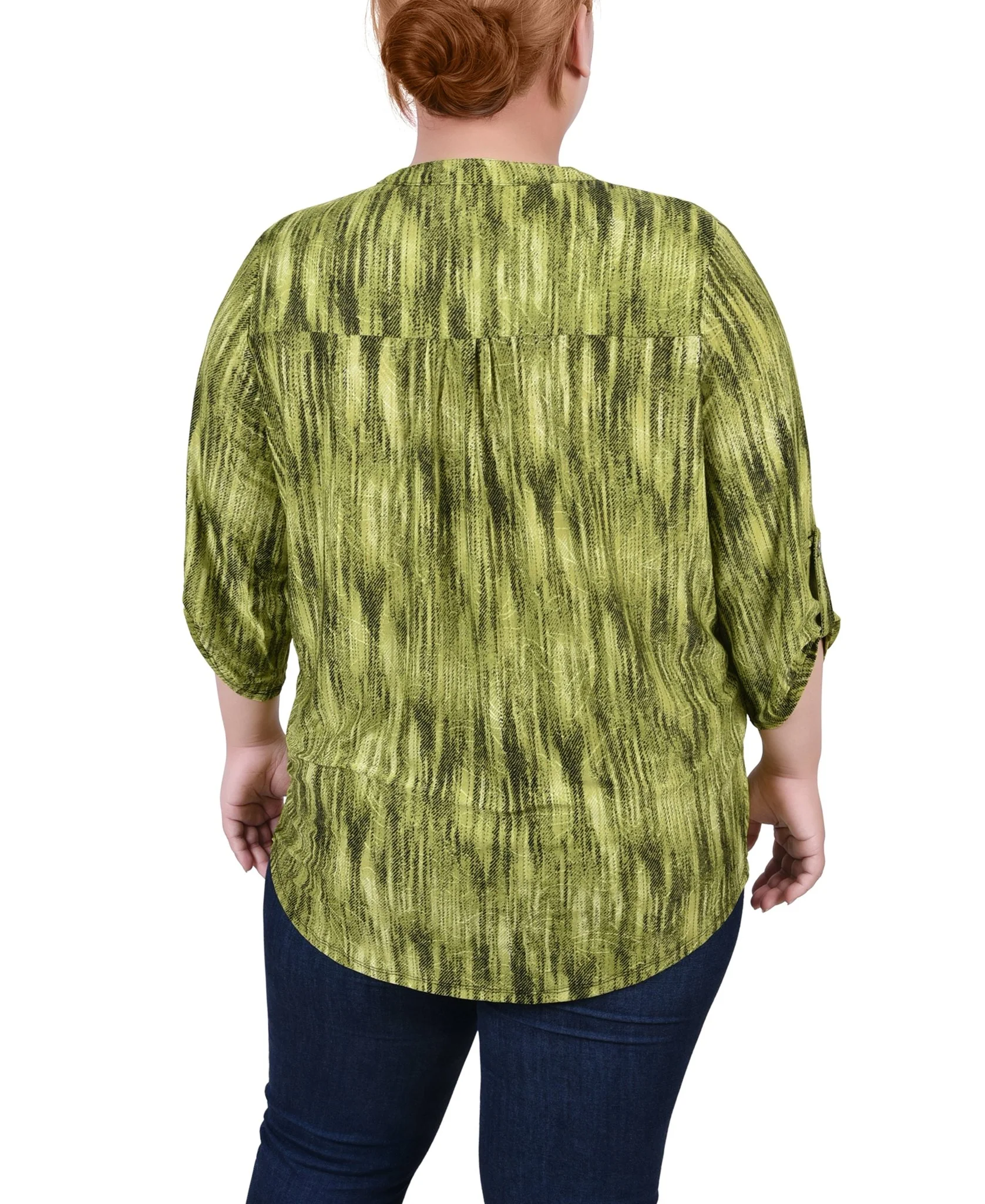 Chartreuse 3/4 Sleeve Roll Tab Y Neck Top - Plus - Image 4
