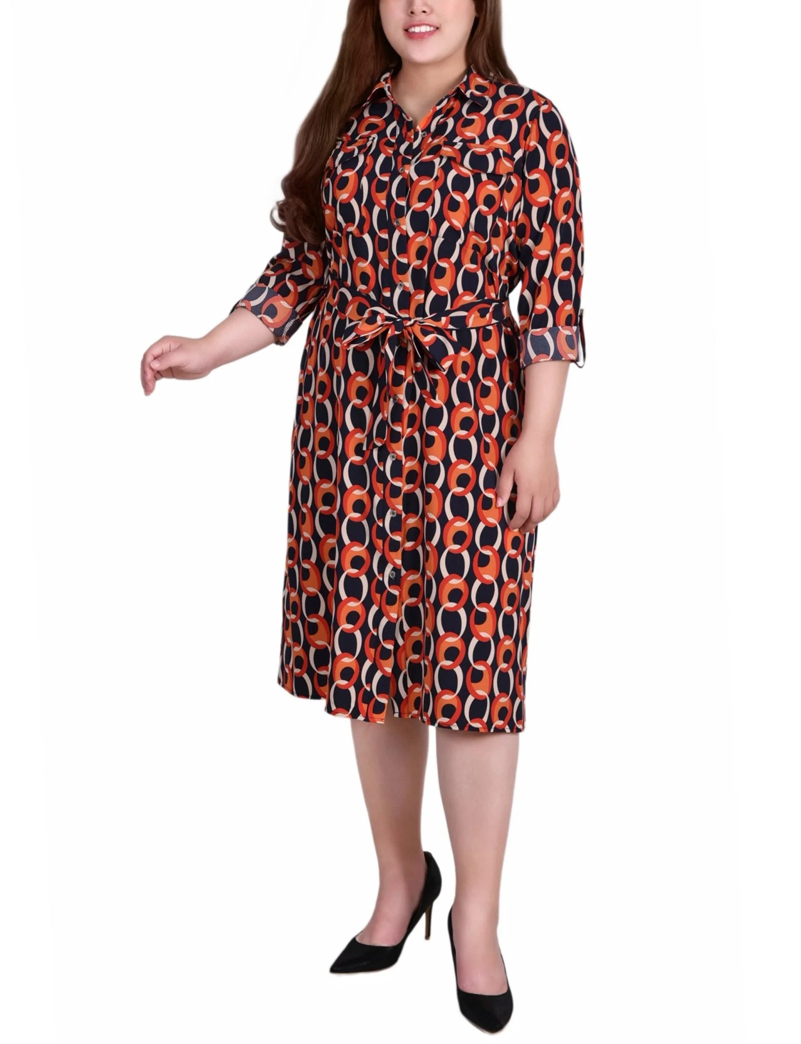 Circle Chain 3/4 Roll Tab Sleeve Belted Shirtdress - Plus - Image 4