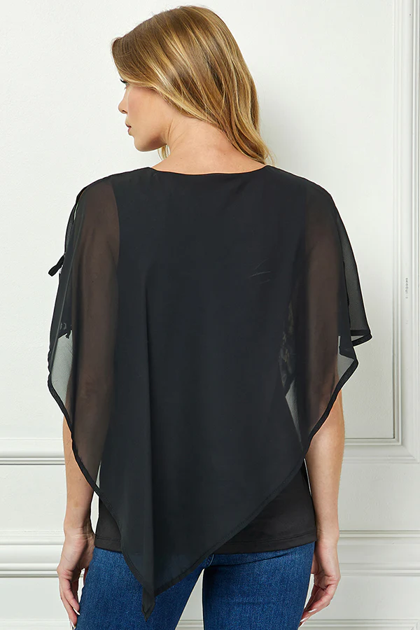 Cold Shoulder Tie Sleeve Poncho with V-neck Tank Blouse - Black - Image 4