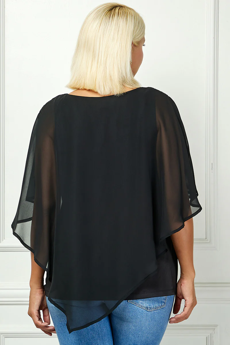 Cold Shoulder Tie Sleeve Poncho with V-neck Tank Blouse - Black - Plus - Image 4