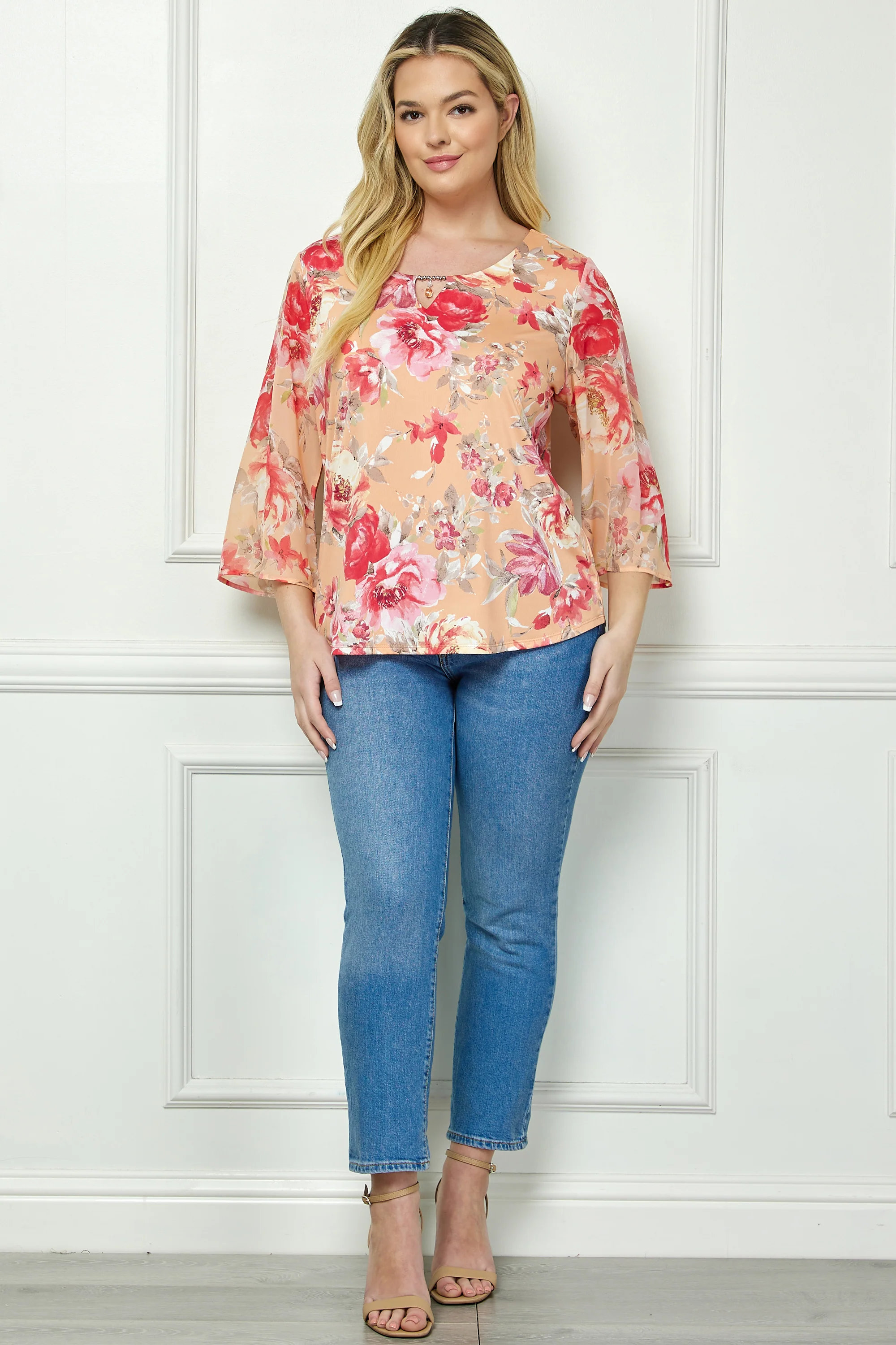Coral & Beige Floral 3/4 Bell Sleeve Keyhole Trim Blouse - Plus - Image 2