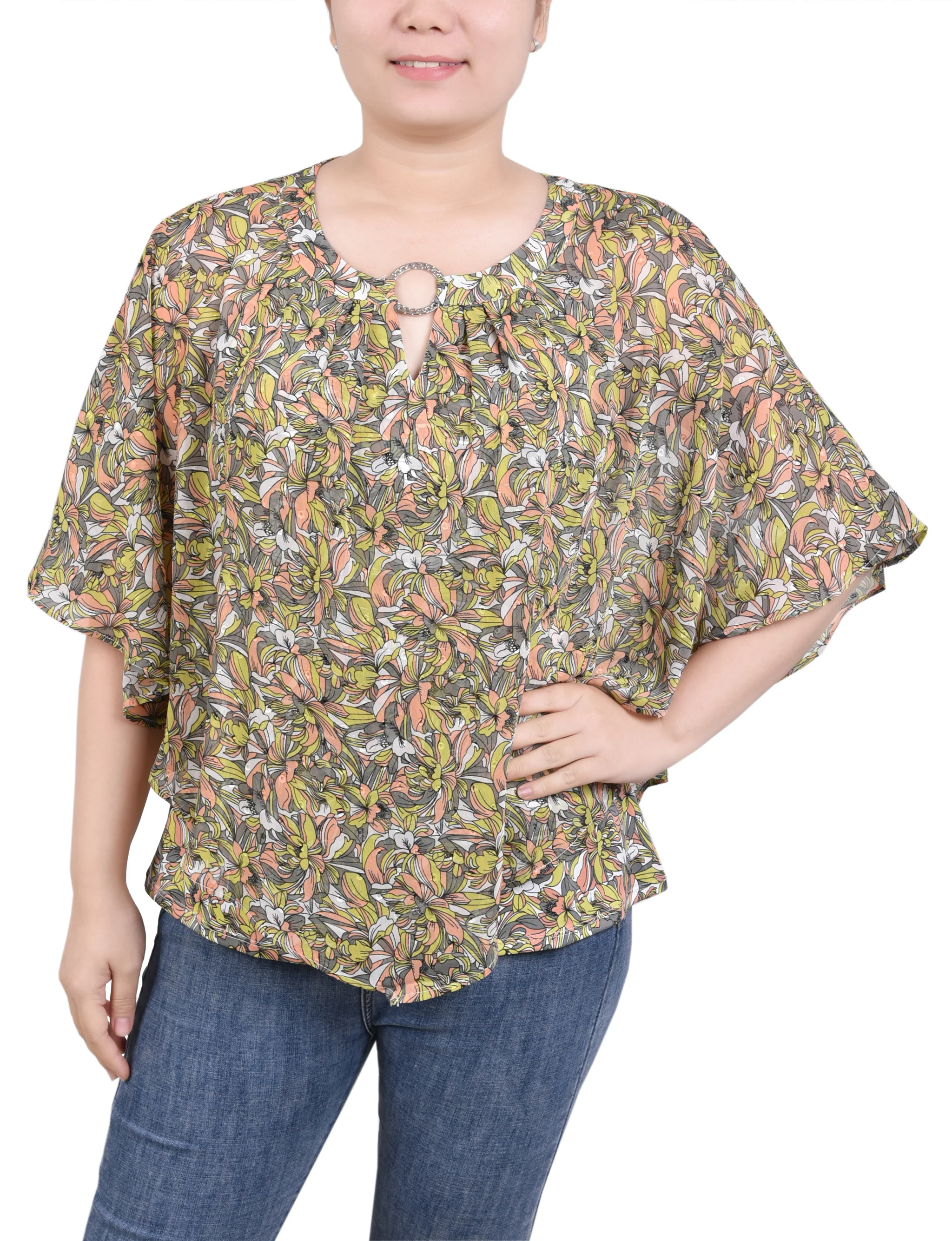 Coral Grey Must Blossom Chiffon Popover Blouse