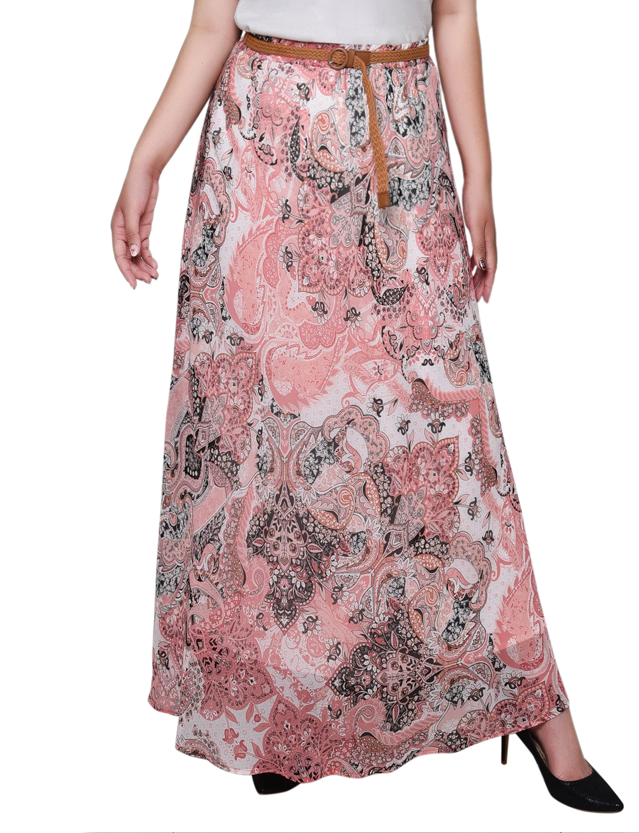 Coral Paisley Chiffon Maxi Skirt - Plus