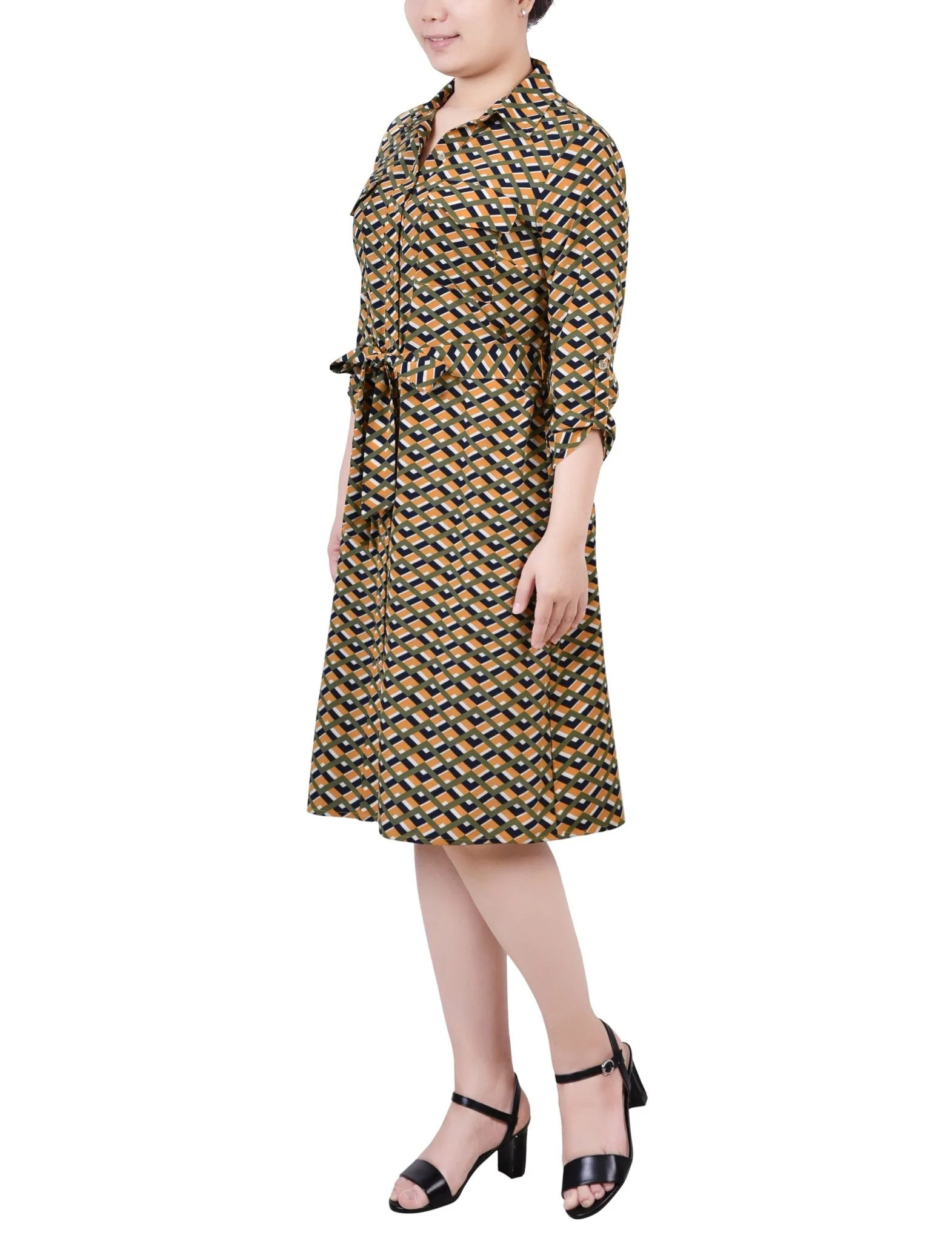 Cypress Inca Gold Navy Zigzag 3/4 Roll Tab Sleeve Belted Shirtdress - Petite - Image 2