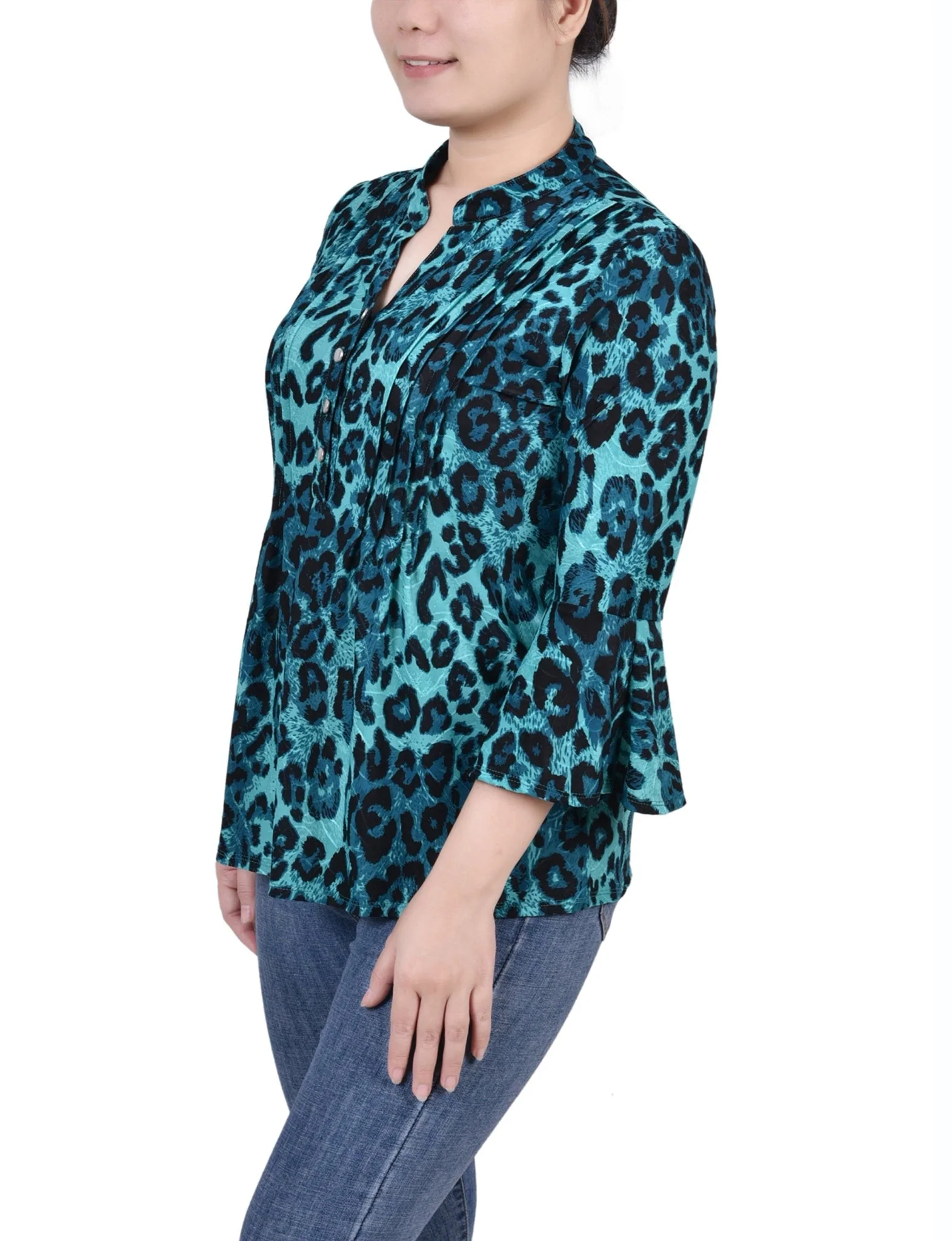 Dark Teal Skin 3/4 Bell Sleeve Pleat Front Y Neck Top - Petite - Image 2