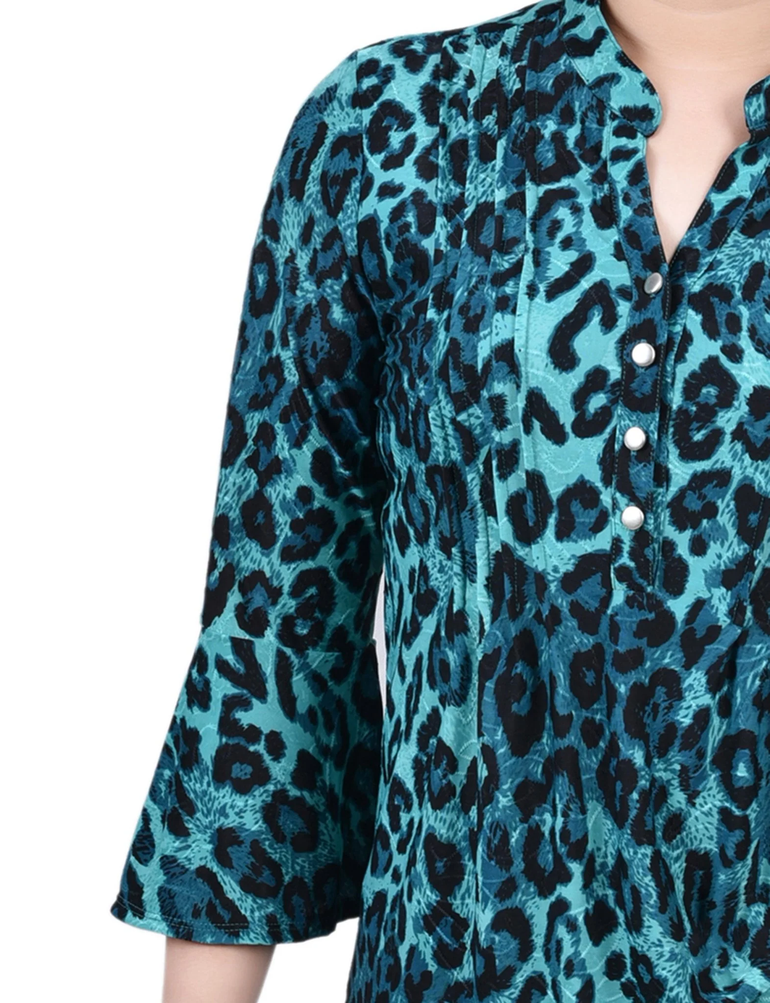 Dark Teal Skin 3/4 Bell Sleeve Pleat Front Y Neck Top - Petite - Image 3
