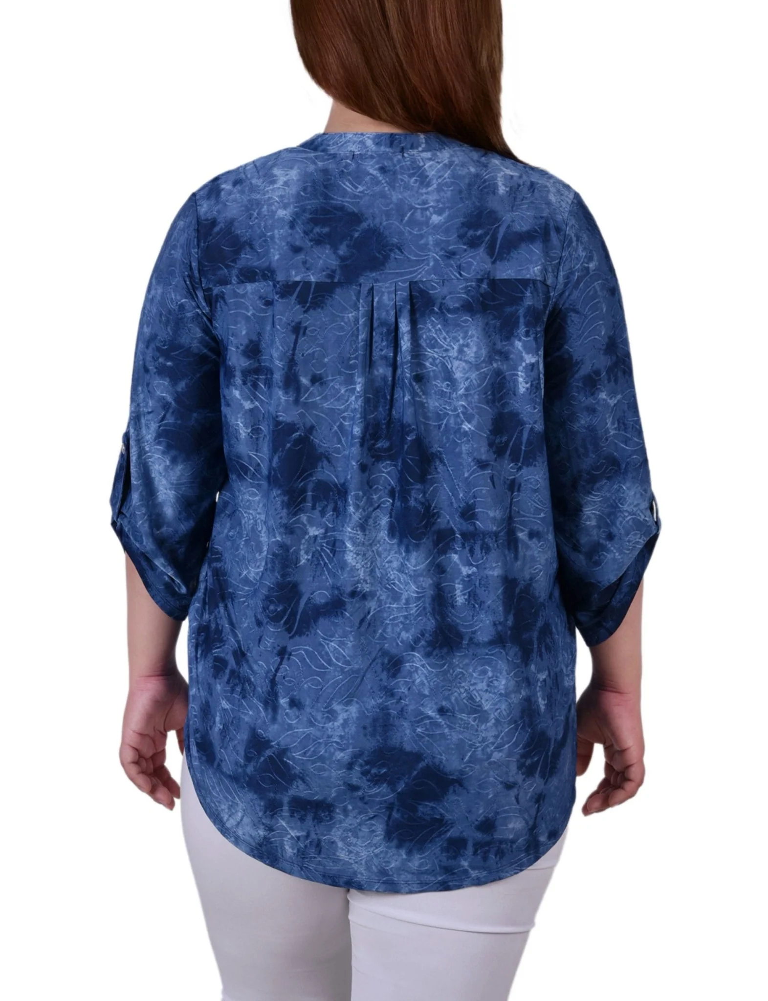 Denim Tie Dye 3/4 Sleeve Roll Tab Y Neck Top - Plus - Image 4