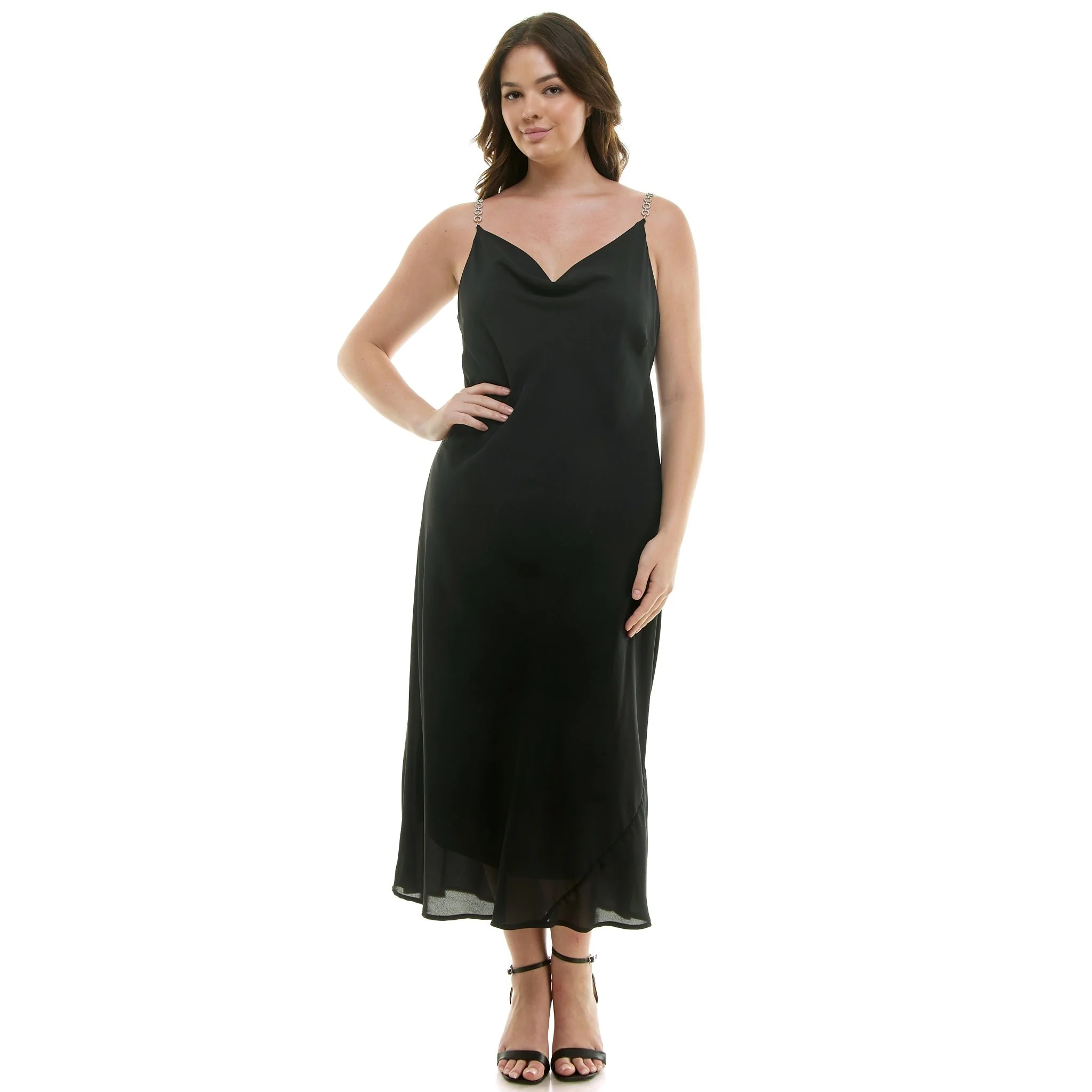 Detachable Chain Trim Strap Cowl Neck Dress, Black - Plus - Image 3