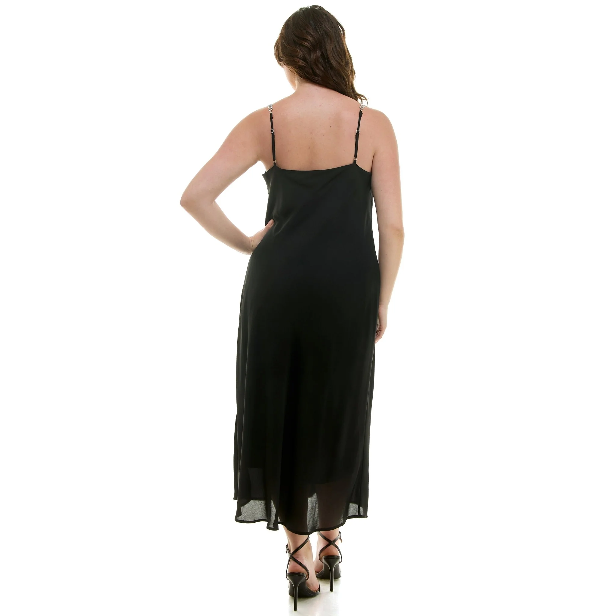 Detachable Chain Trim Strap Cowl Neck Dress, Black - Plus - Image 4