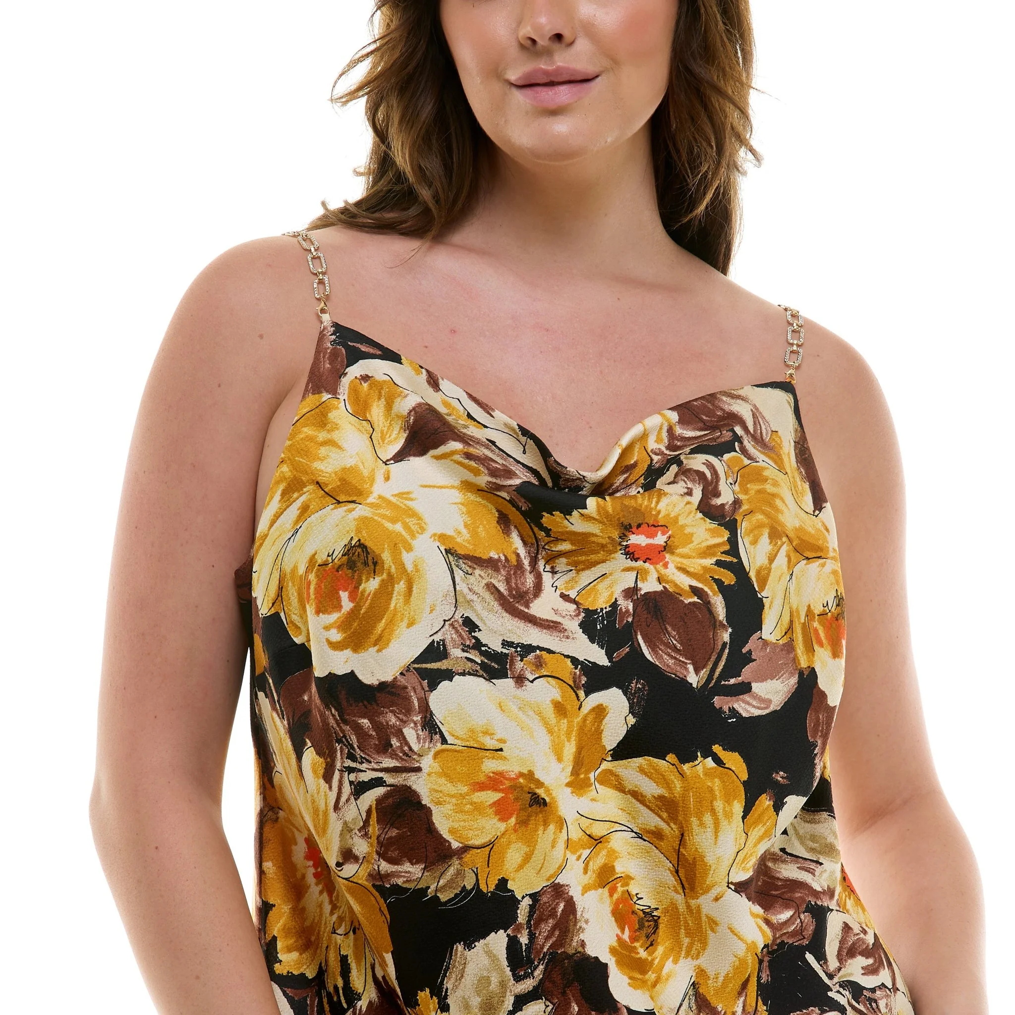 Detachable Chain Trim Strap Cowl Neck Dress, Gold/Olive/Ivory - Plus - Image 3