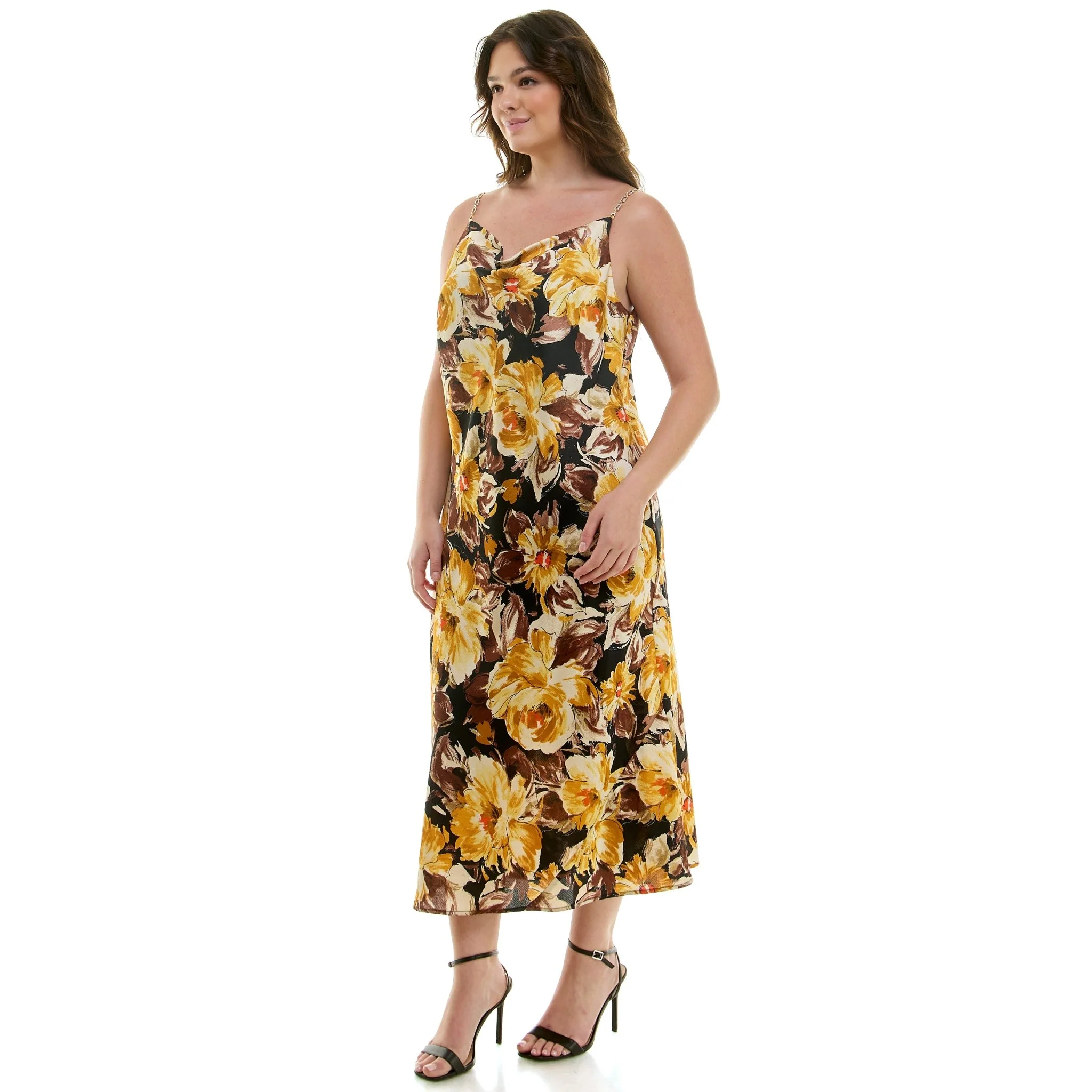Detachable Chain Trim Strap Cowl Neck Dress, Gold/Olive/Ivory - Plus - Image 4