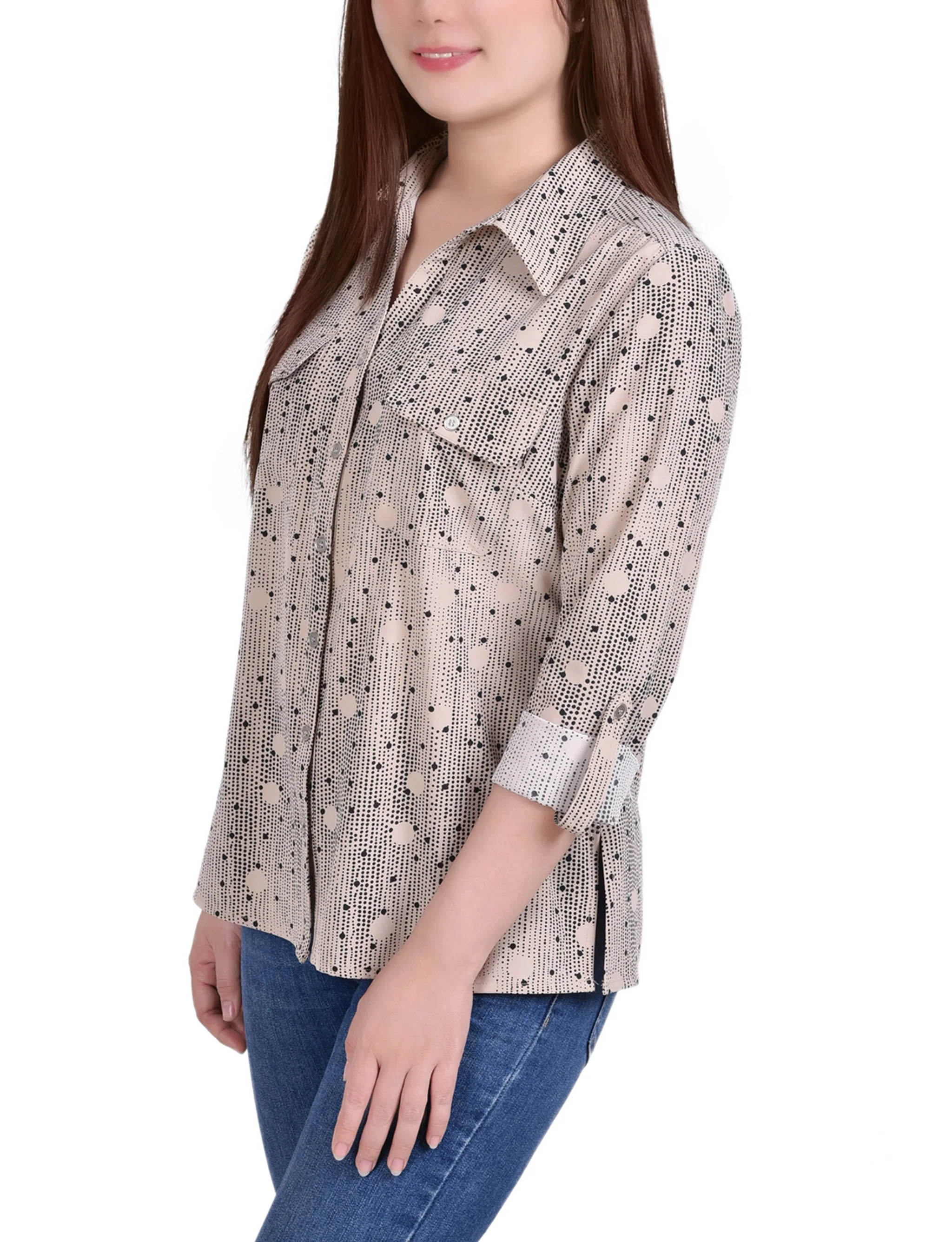 Doeskin Black Nursedot 3/4 Roll Tab Blouse With Pockets - Petite - Image 2