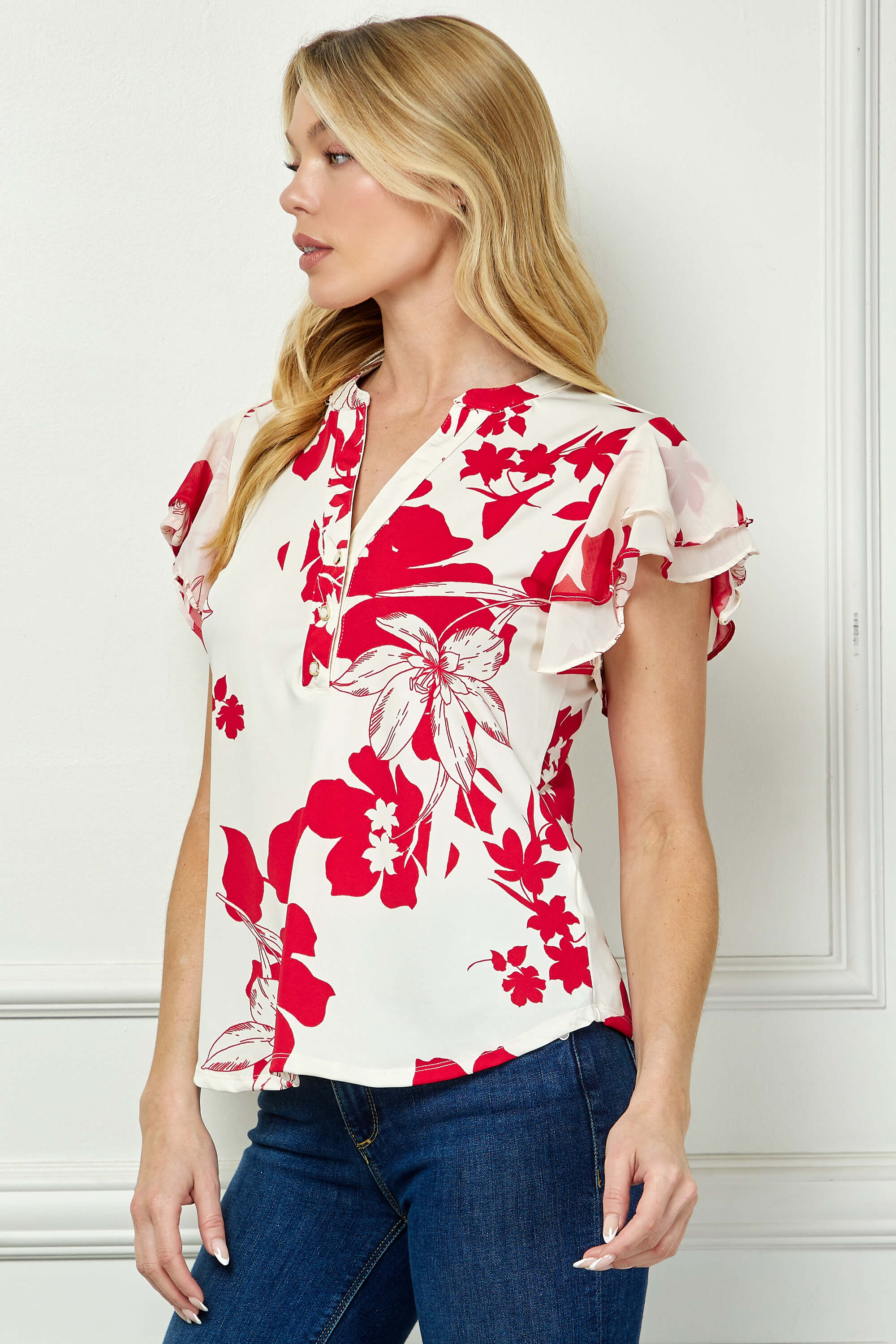 Double Flutter Sleeve Mandarin Collar V-Neck Blouse in Red/Cream - Image 3