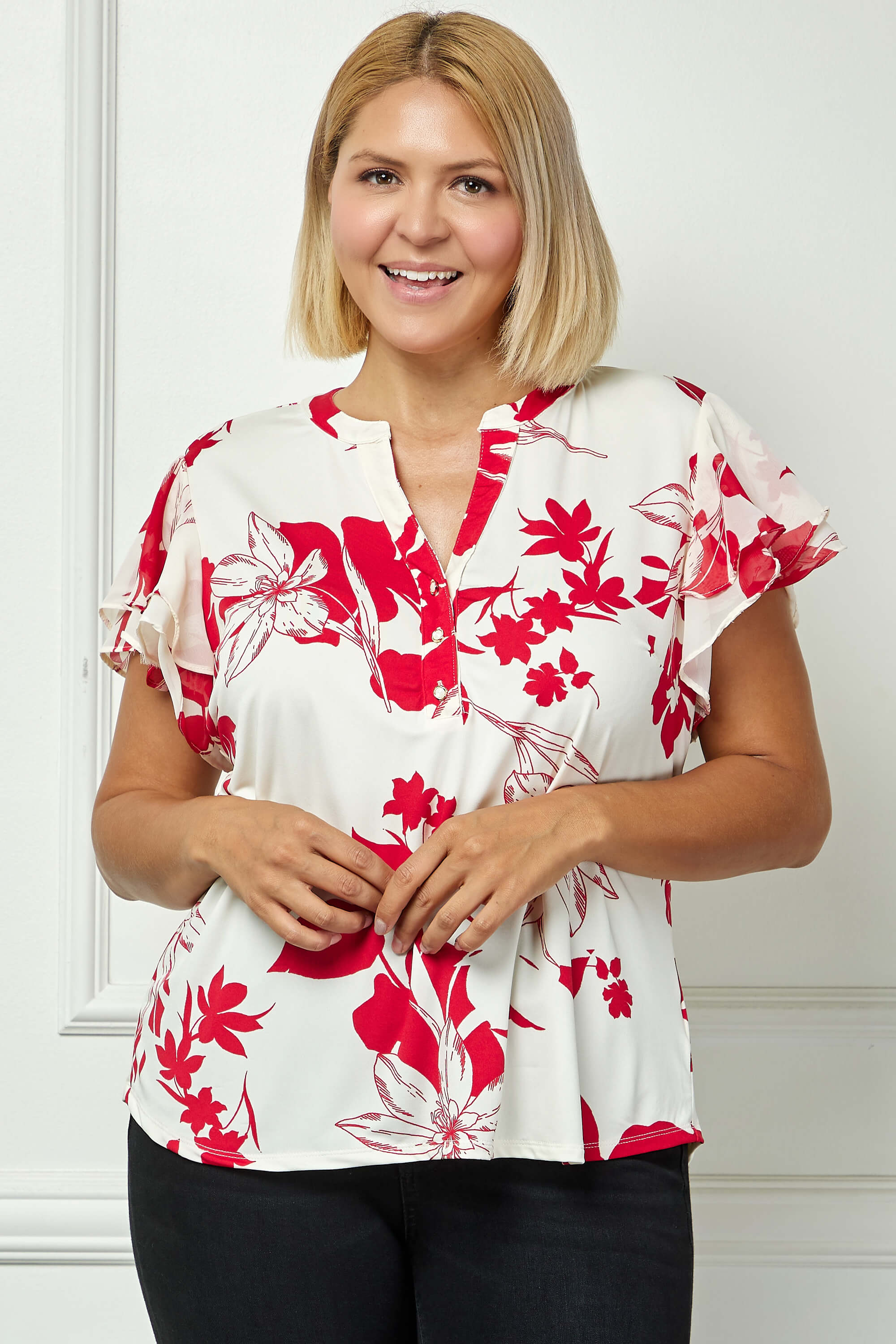 Double Flutter Sleeve Mandarin Collar V-Neck Blouse in Red/Cream - Plus - Image 2