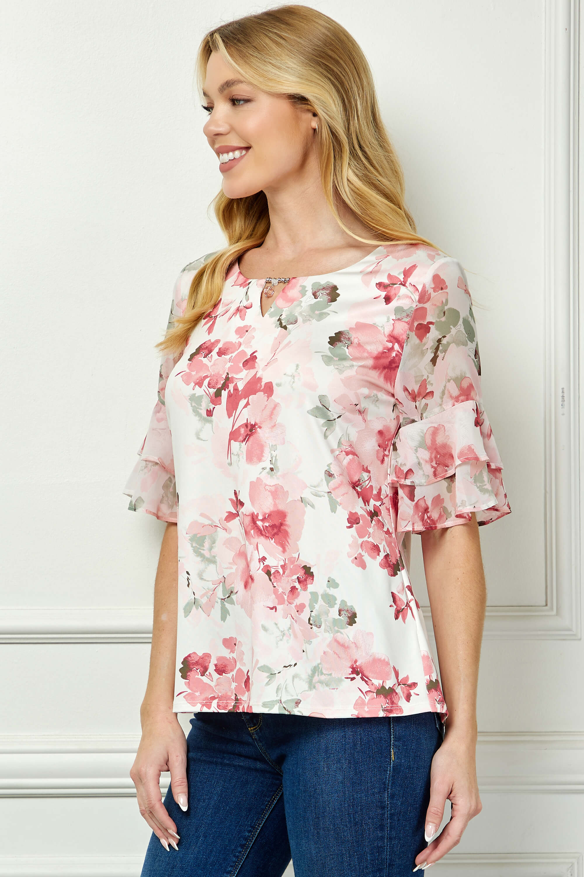 Double Ruffle Sleeve Cutout Neck Blouse - Image 3