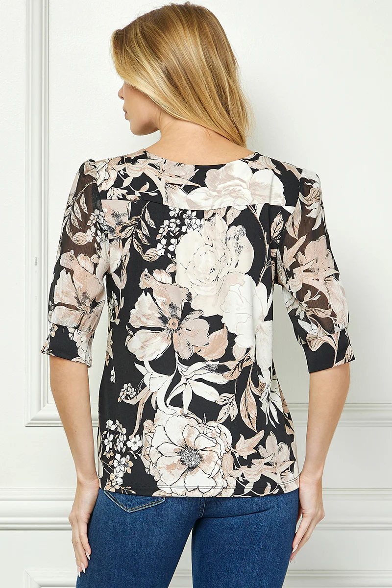 Elbow Sleeve Cutout Neck Mix Media Blouse - Black - Image 2