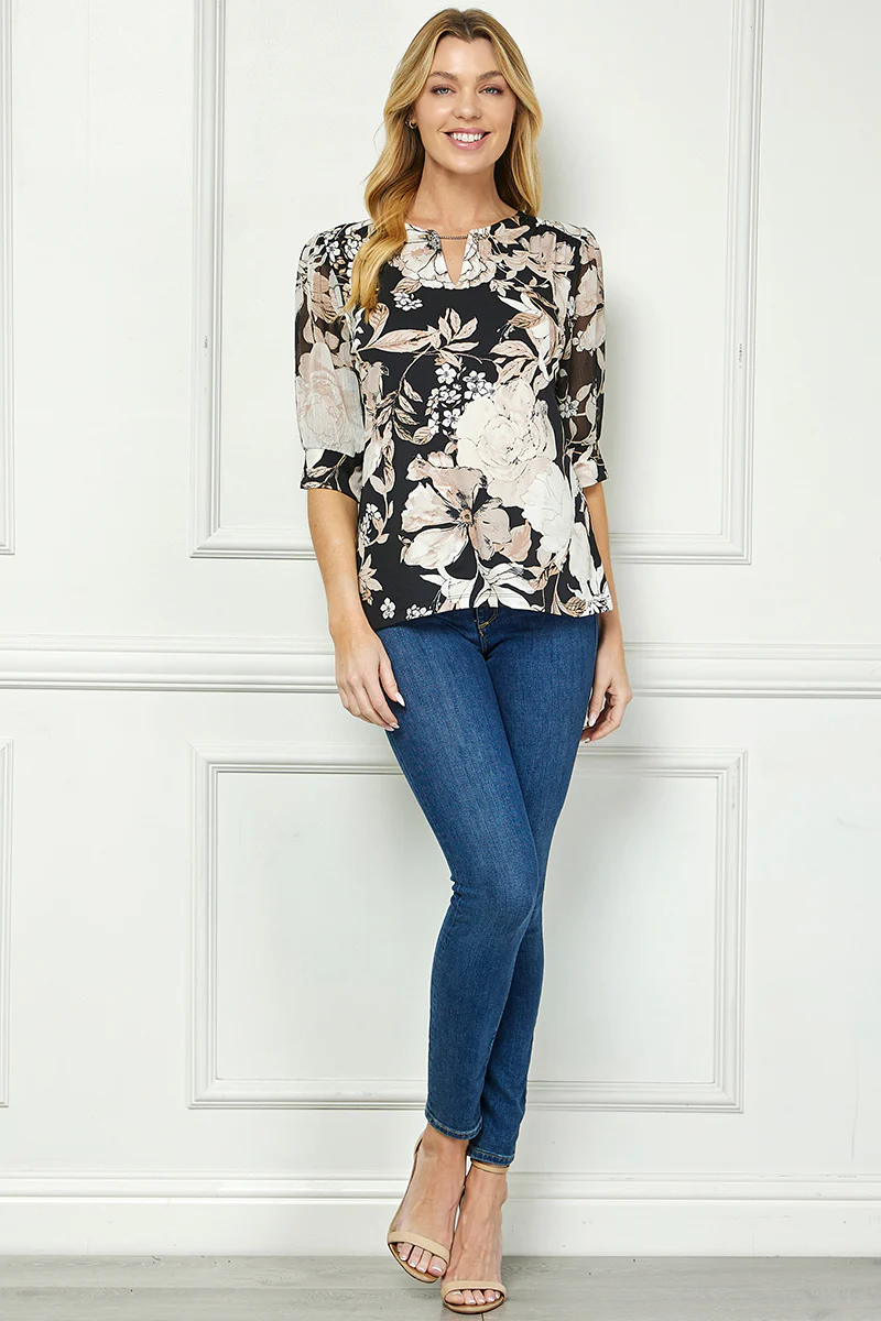 Elbow Sleeve Cutout Neck Mix Media Blouse - Black - Image 4