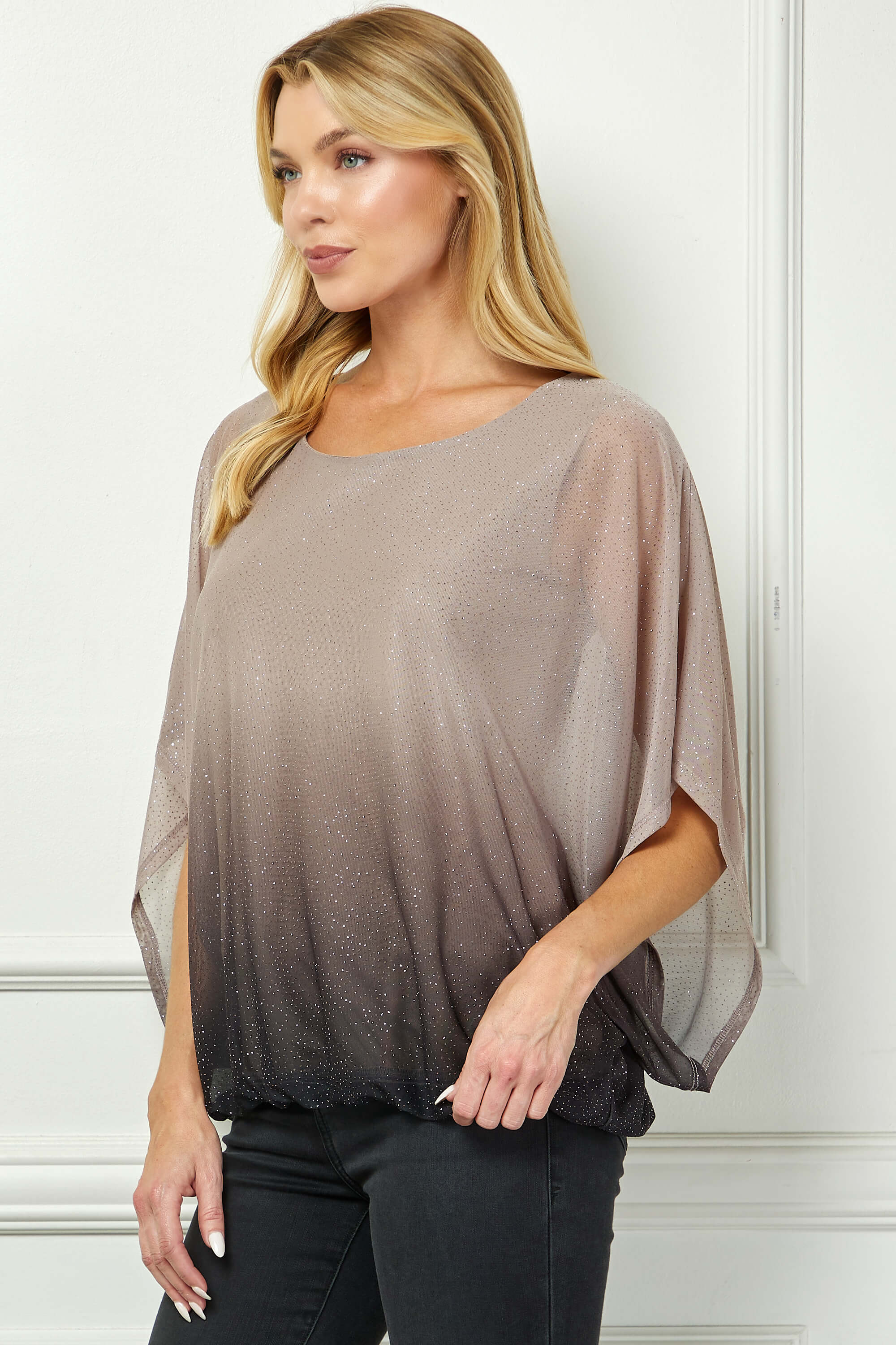 Elbow Sleeve Poncho Knot Back Bubble Blouse - Grey - Image 3