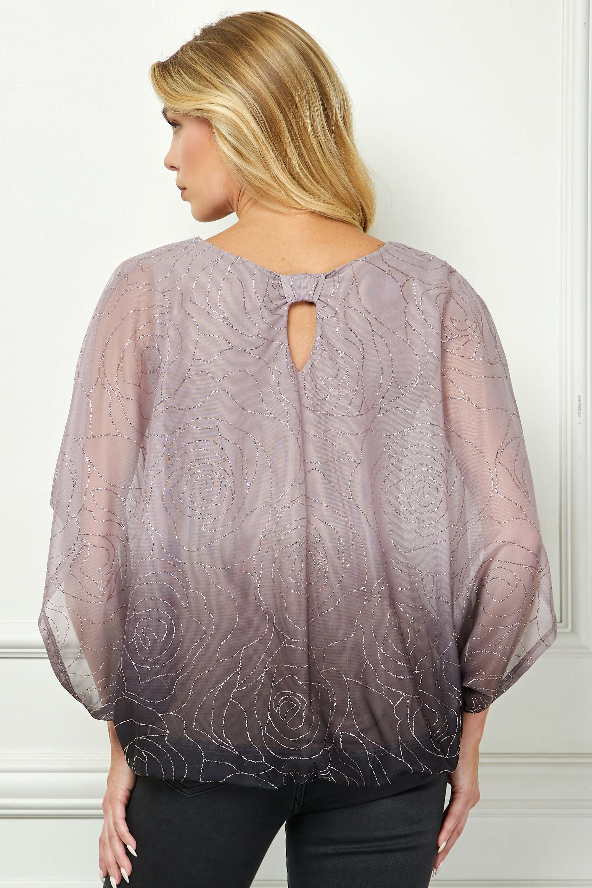 Elbow Sleeve Poncho Knot Back Bubble Blouse - Purple - Image 4