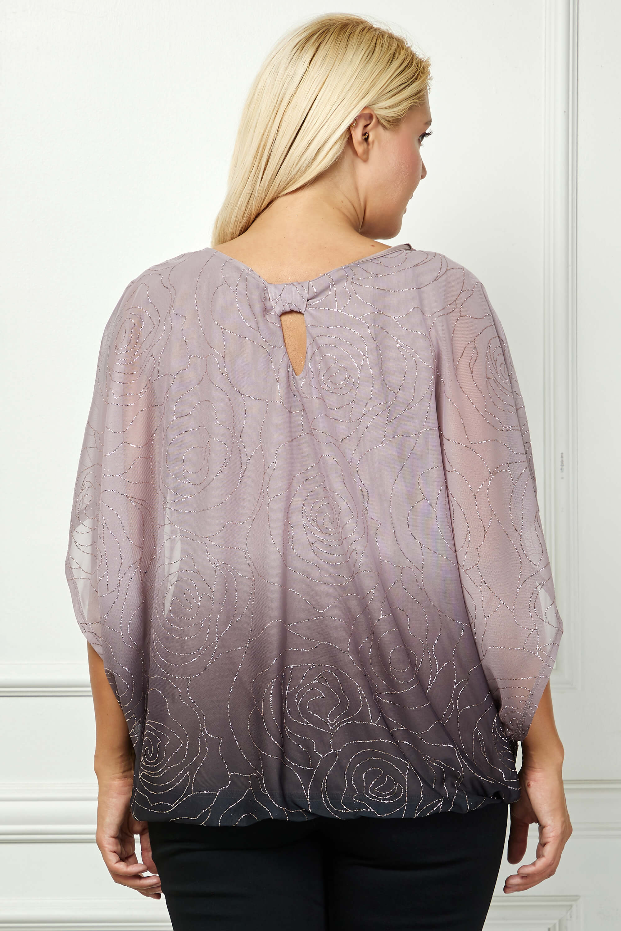 Elbow Sleeve Poncho Knot Back Bubble Blouse - Purple - Plus - Image 4