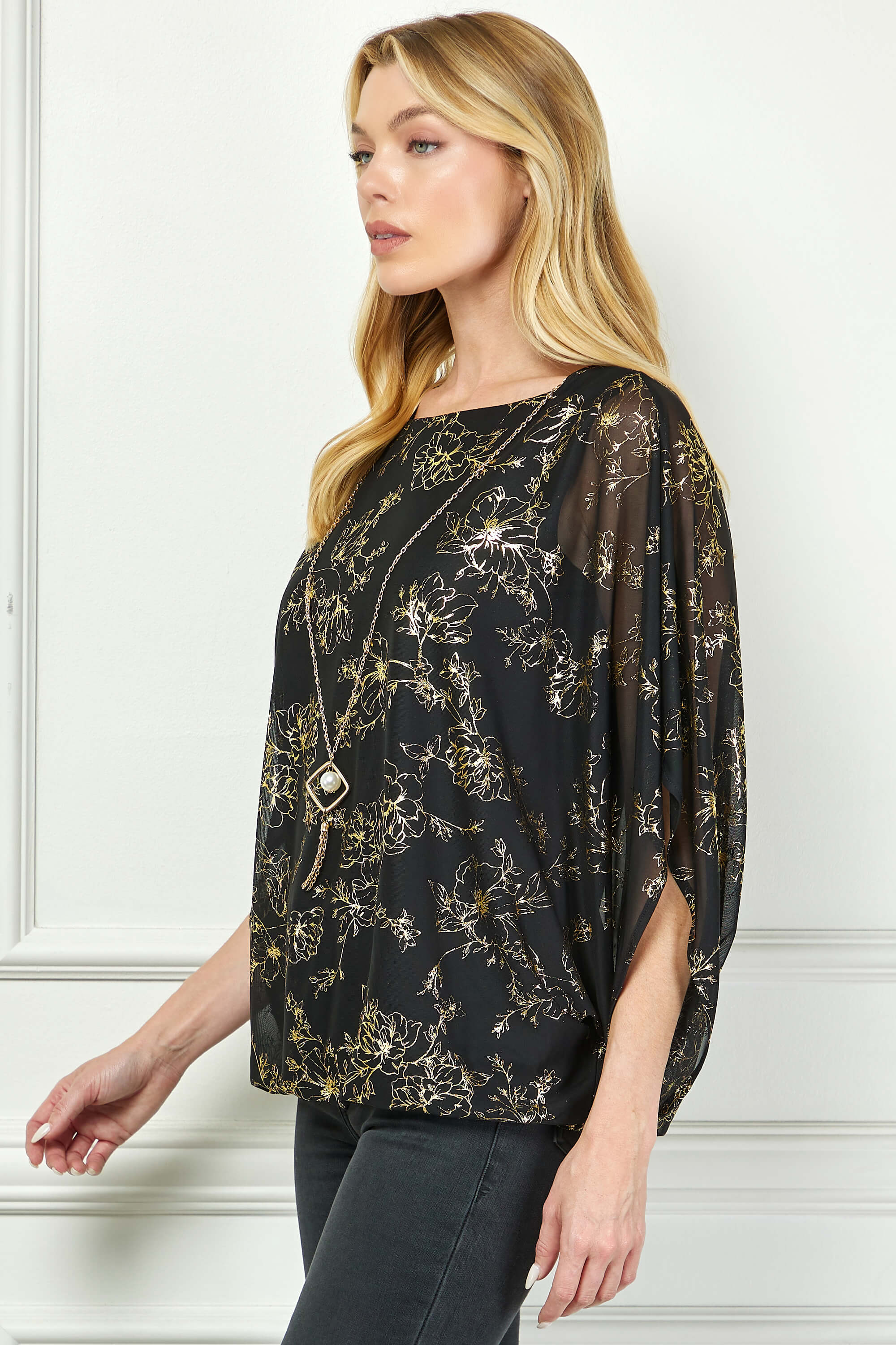 Elbow Sleeve Poncho Necklace Bubble Blouse - Black - Image 3