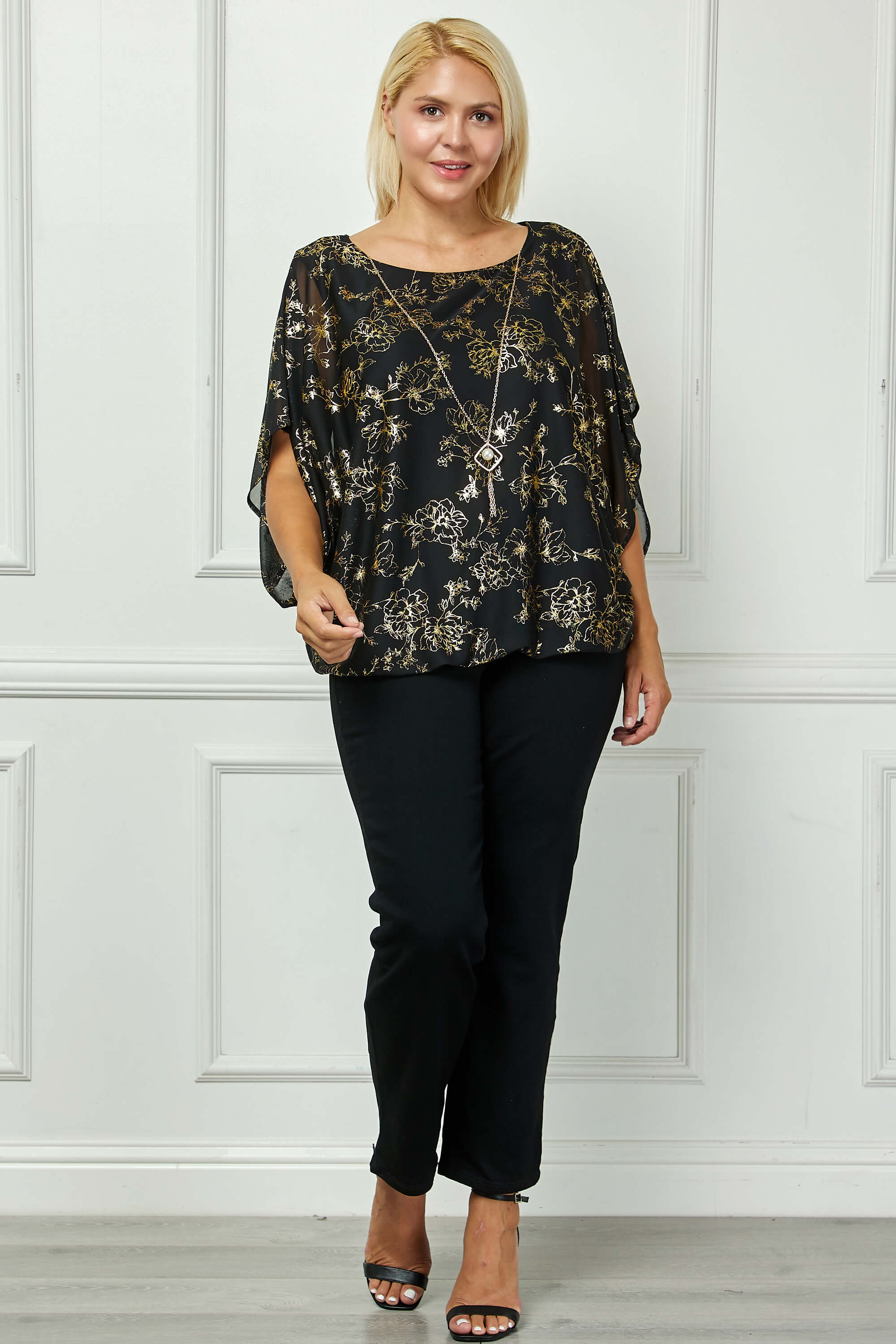 Elbow Sleeve Poncho Necklace Bubble Blouse - Black - Plus - Image 2