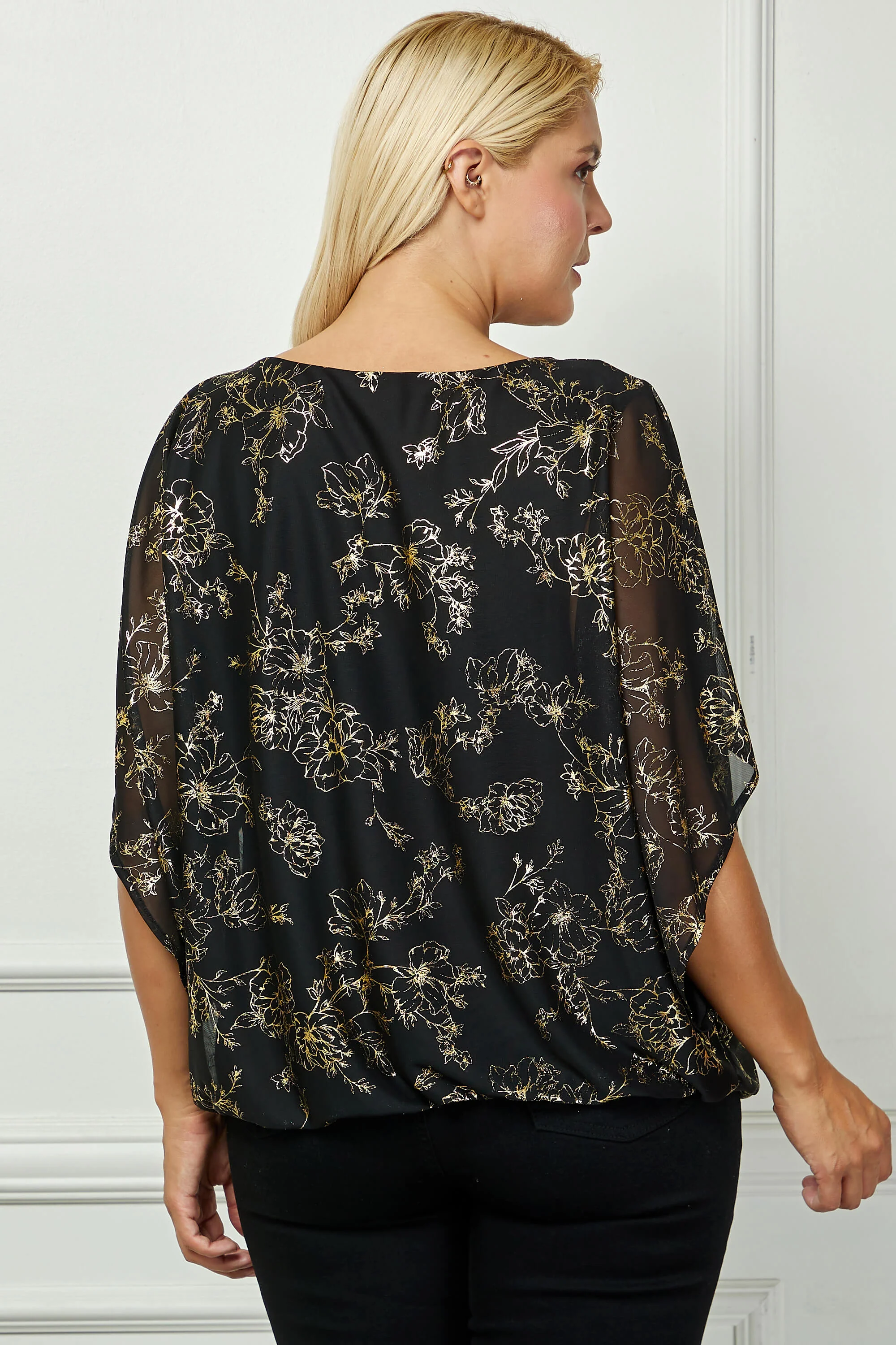 Elbow Sleeve Poncho Necklace Bubble Blouse - Black - Plus - Image 3