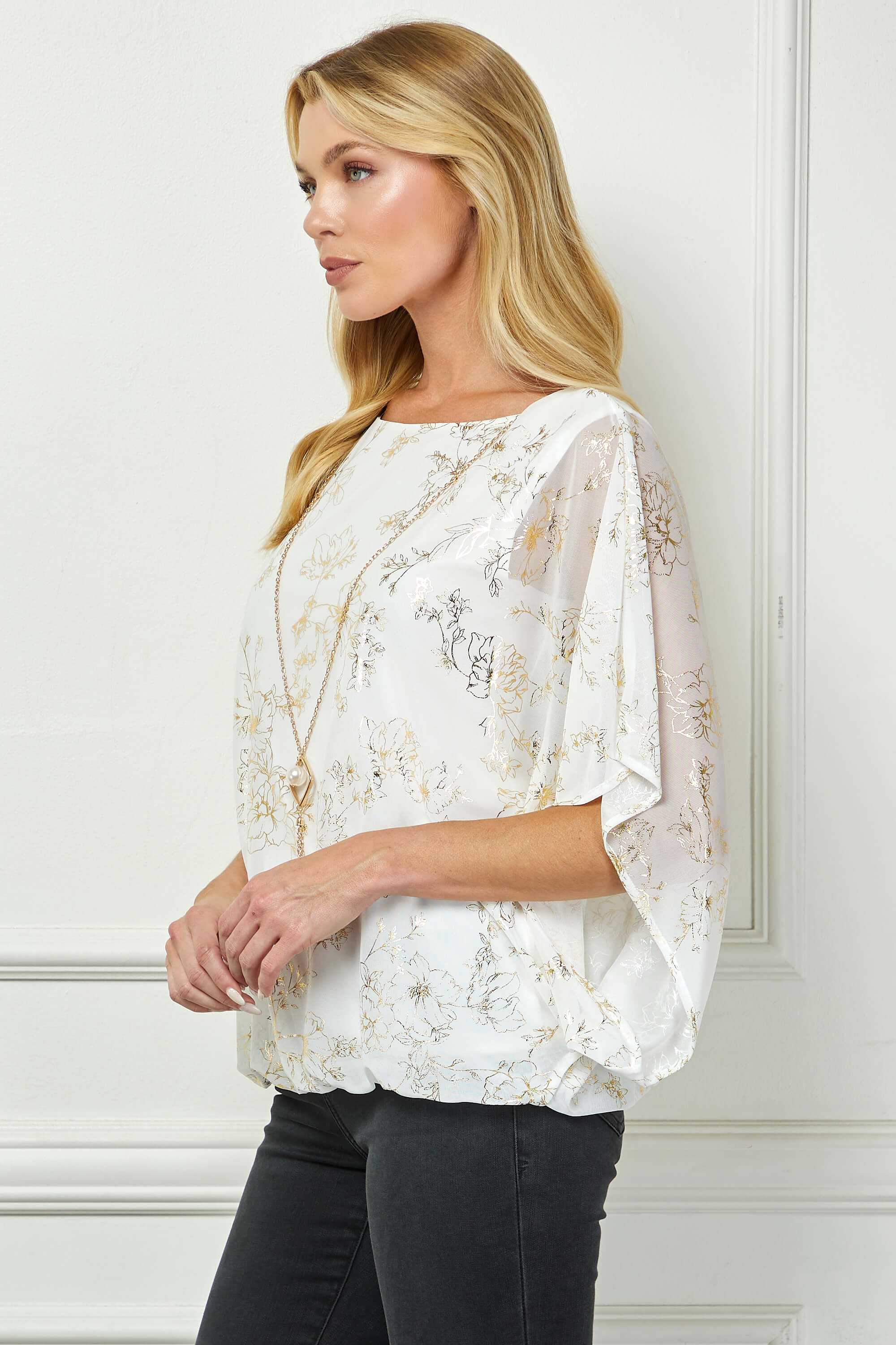 Elbow Sleeve Poncho Necklace Bubble Blouse - White - Image 3