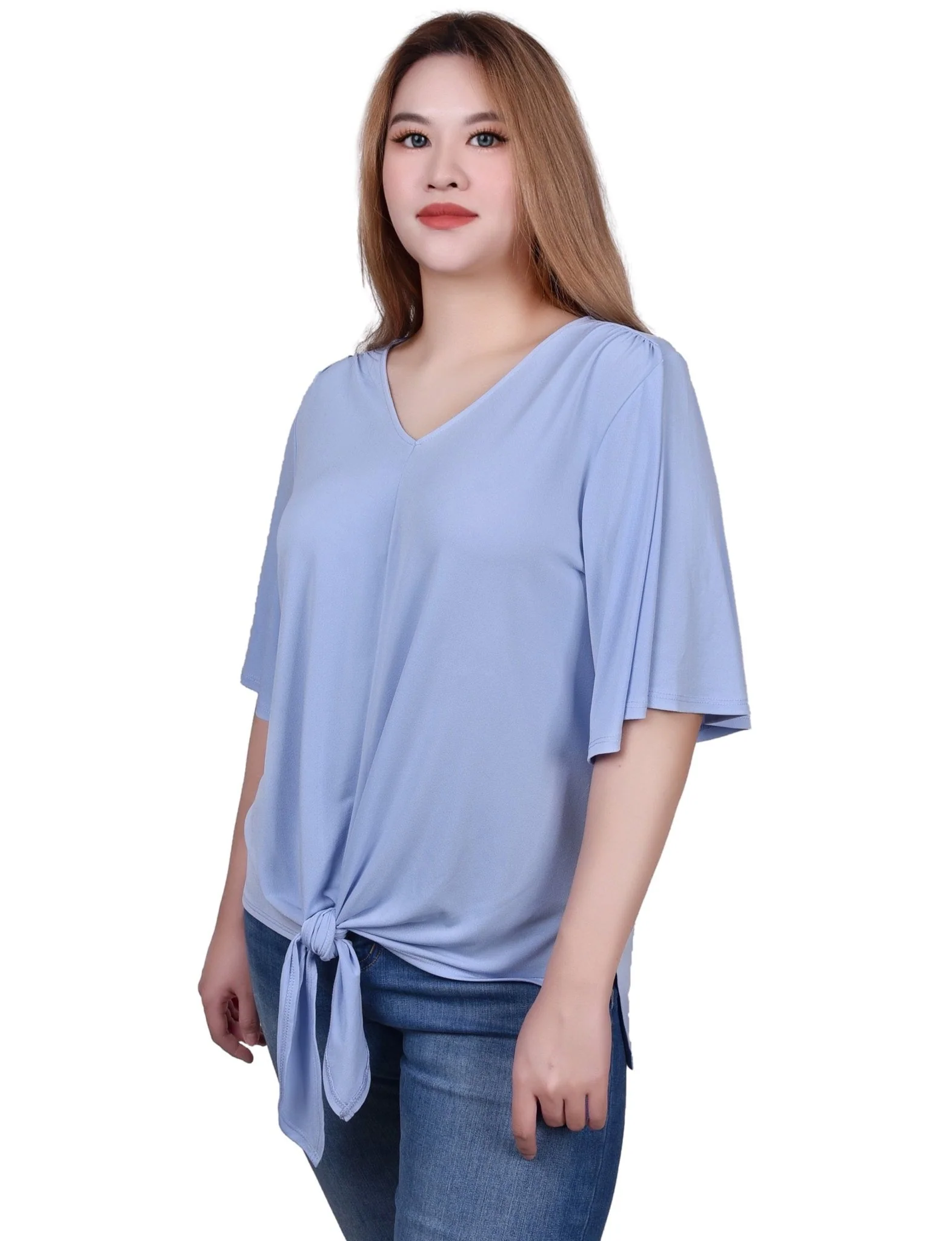 Elbow Sleeve Tie-Front Top - Petite - Image 2