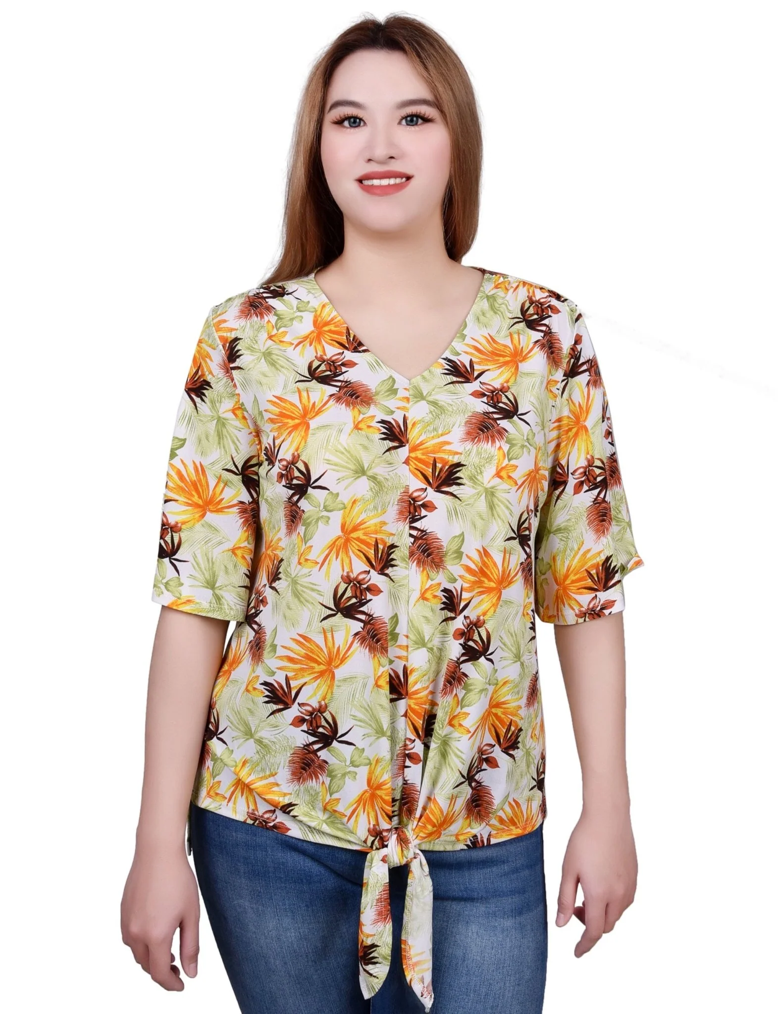 Elbow Sleeve Tie-Front Top - Petite - Image 5