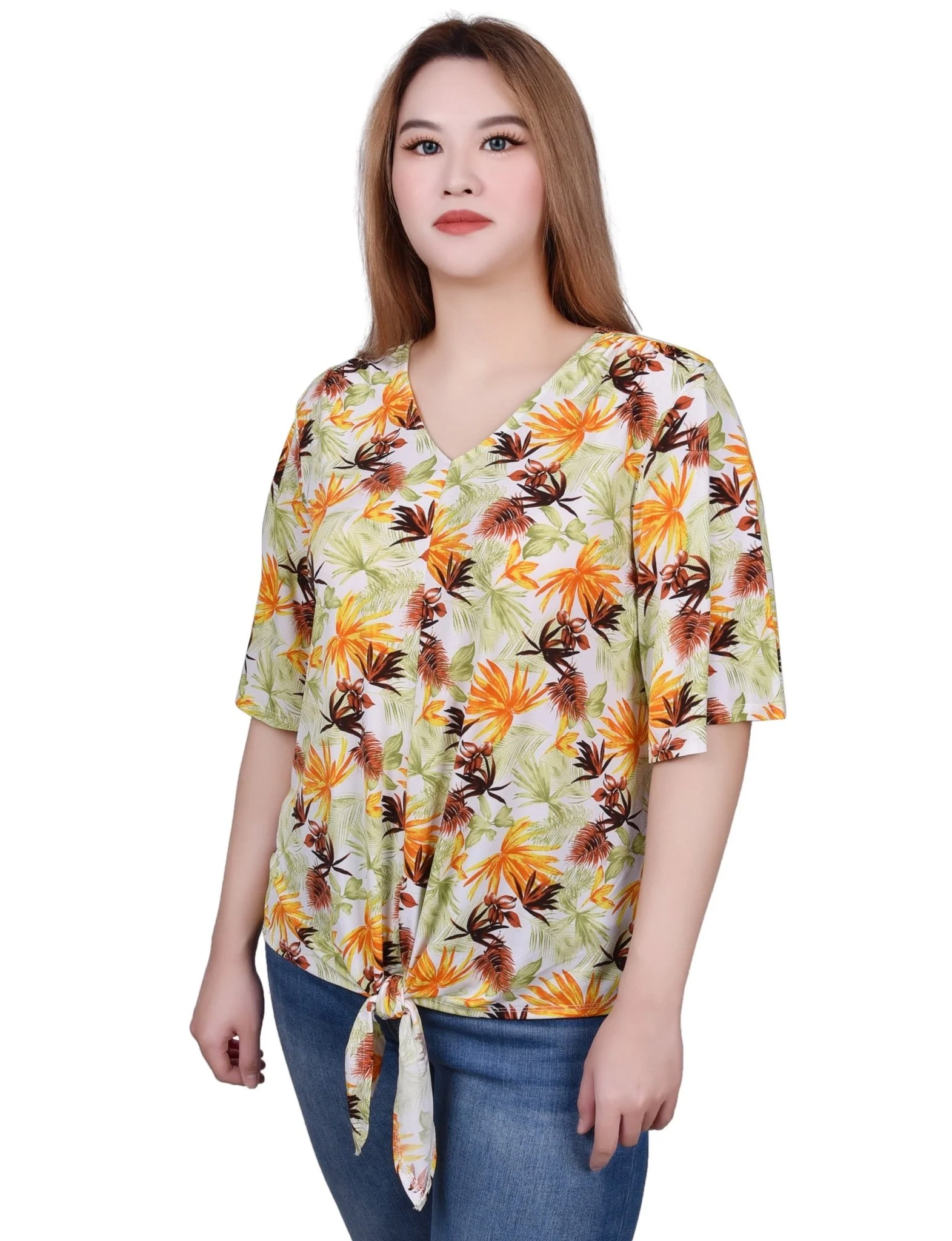 Elbow Sleeve Tie-Front Top - Petite - Image 6